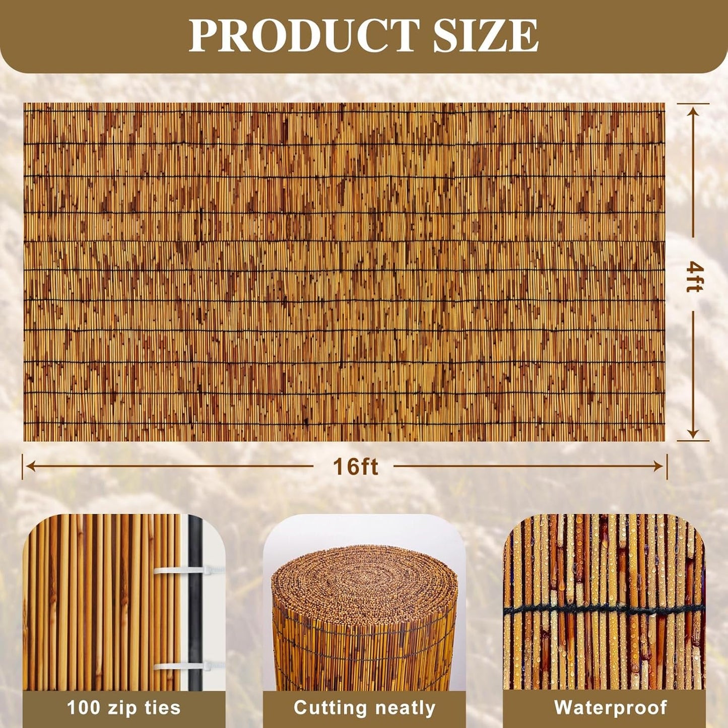 Bamboo Fence,Reed Fencing 4Feet High Bamboo Privacy Screen Outdoor for Patio, Reed Screen for Privacy Garden Backyard Balcony Natural Reed Fencing,4x16FT