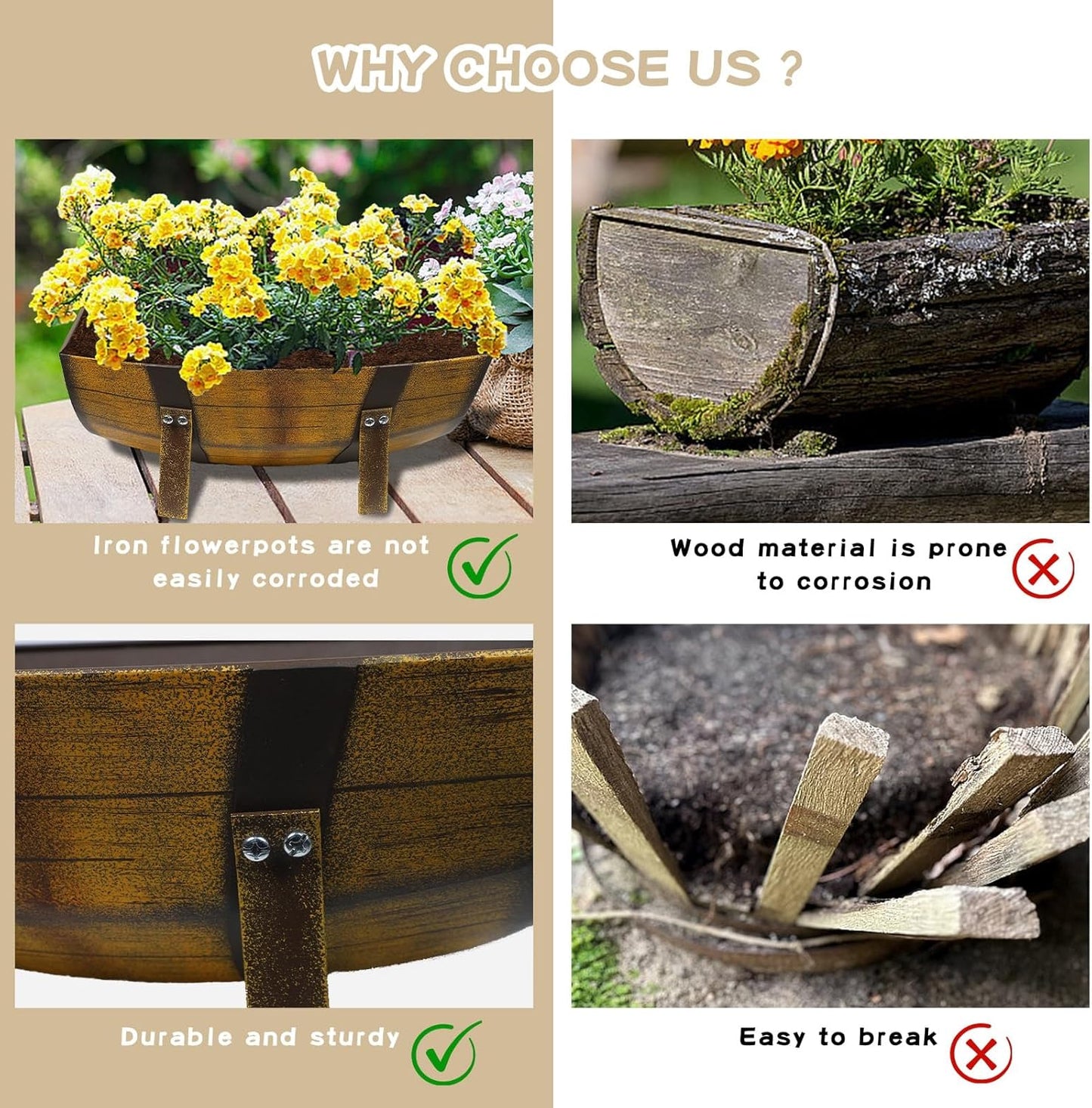 15.43In 2 Pack Rustic Barrel Planters, Decorative Outdoor Garden Backyard Planter with Legs, Metal Flower Pot Half Barrel Planter Box, Brown