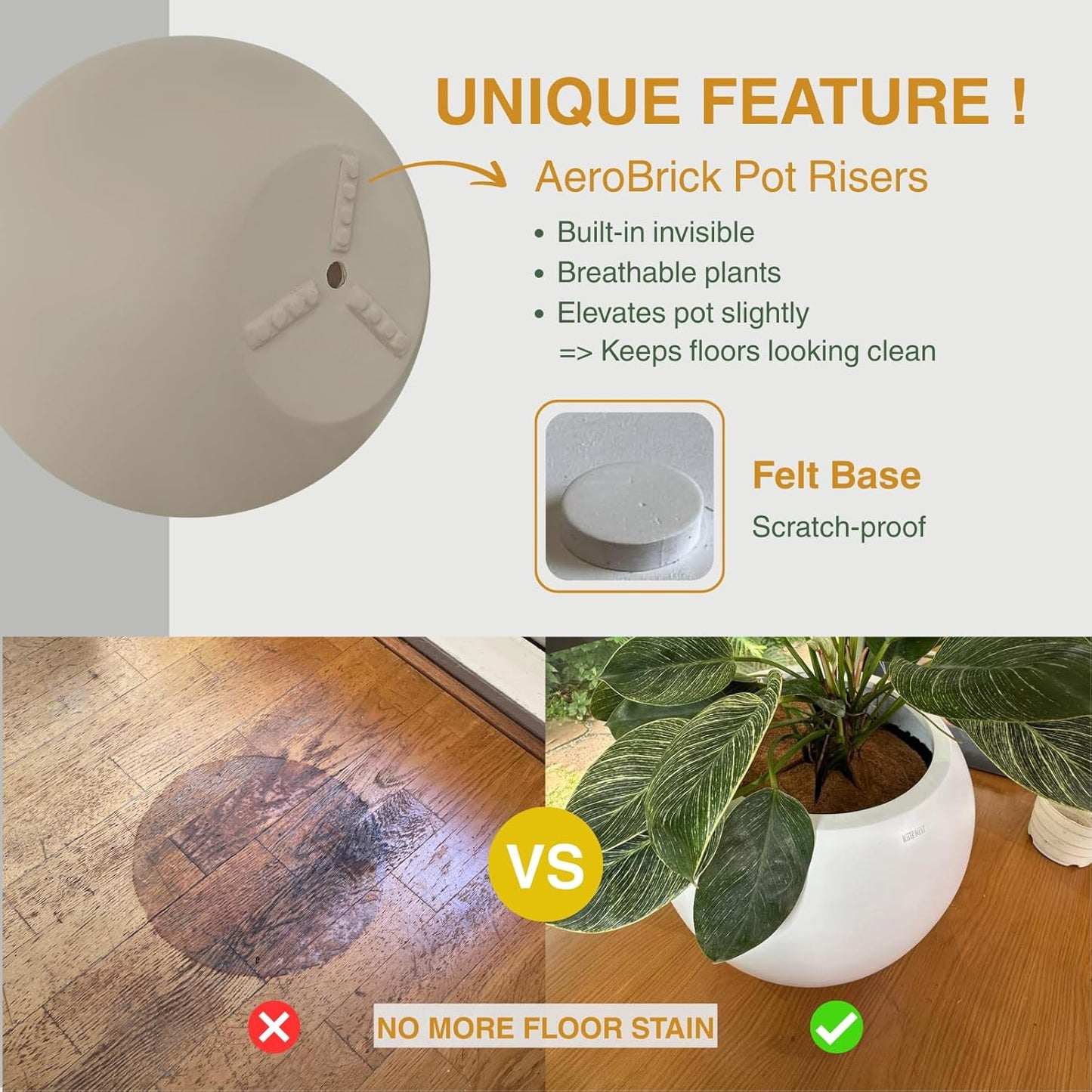 16" H x 20" D Globo Fiberstone Round Planter with Drainage Hole, Weather Resistant, Smooth Finish, Planters for Indoor Plants & Outdoor, 2 Extra Coco Mats (Taupe, 13.5" Pot Opening)