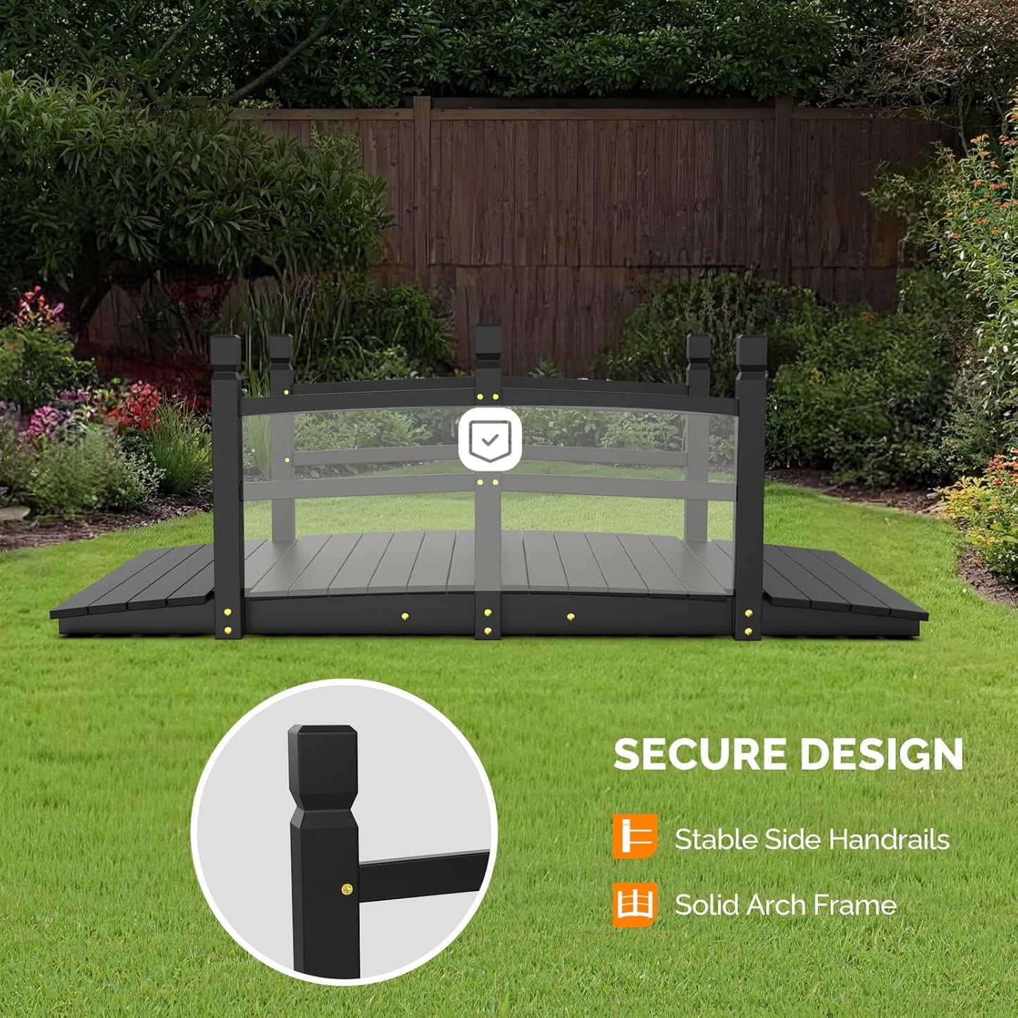 VINGLI Garden Bridge, Classic Wooden Arch with Safety Rails Footbridge (Black, 5 ft)