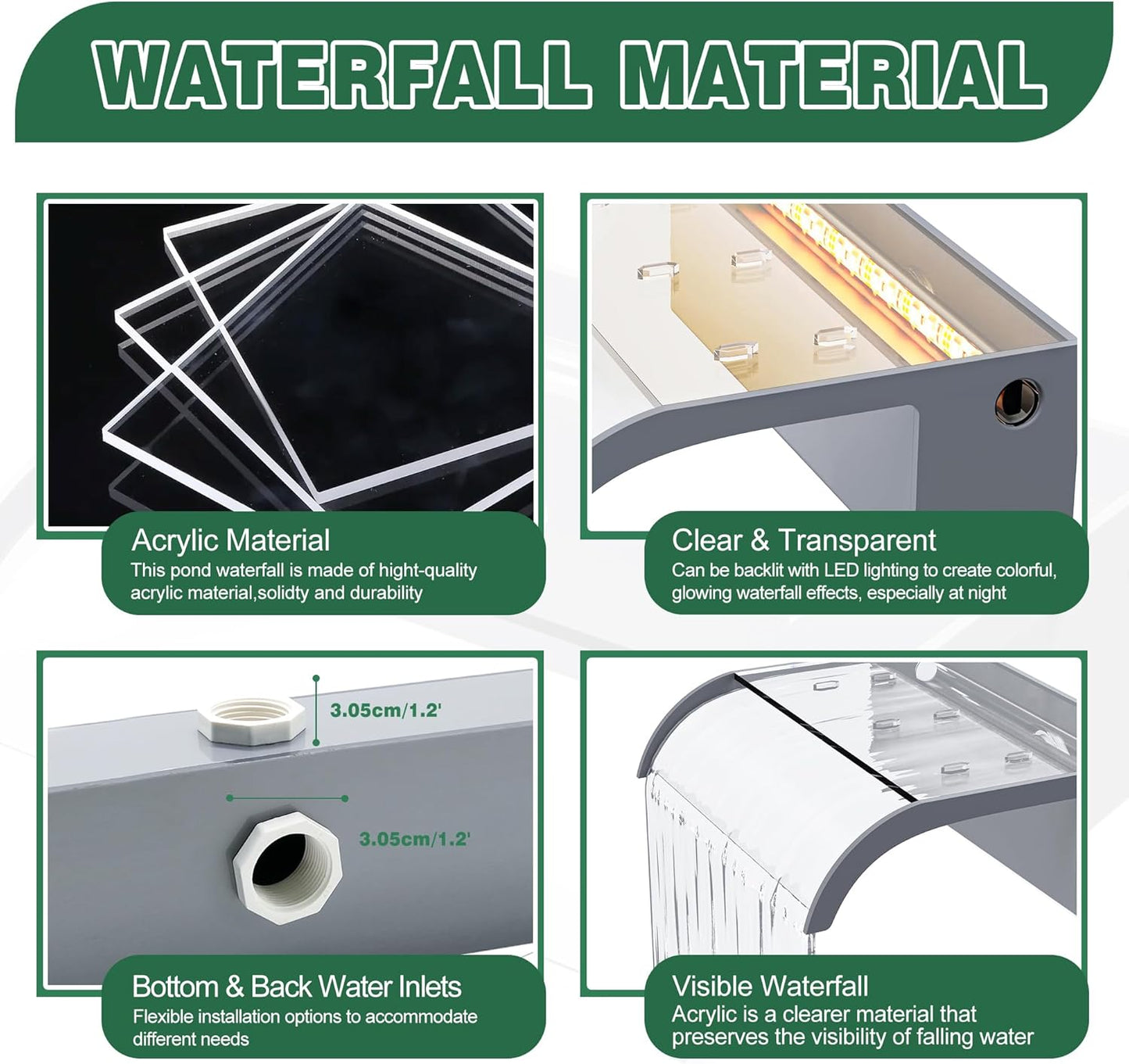 Waterfall Spillway, Clear Acrylic Pool Fountain w/Top Open Lip & Pipe Connector Kits for Outdoor/Indoor Decorative, 23.6'' Pool Water Feature for Garden Patio, Backyard Koi Pond Decor