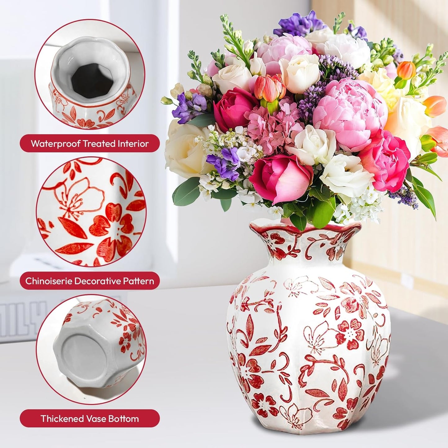 Chinoiserie Vase,Red and White Vase,Vintage Ceramic Vases,Flower Vase for Centerpiece,Chinese Cute Vases for Living Room, Office,Home Decor (Red White, Small)