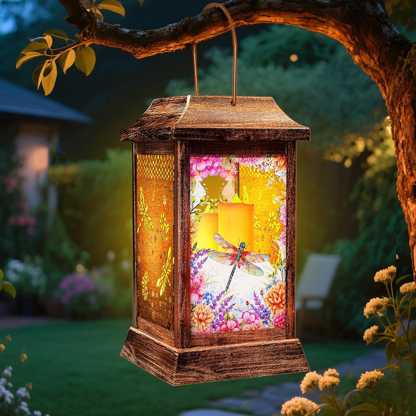 Dragonfly Solar Lanterns Outdoor Waterproof, Metal & Glass Hanging Lights Garden Decor, Birthday Gifts for Women Mom Grandma Mothers Day, Decorative Lights for Outside Yard Patio Backyard Porch