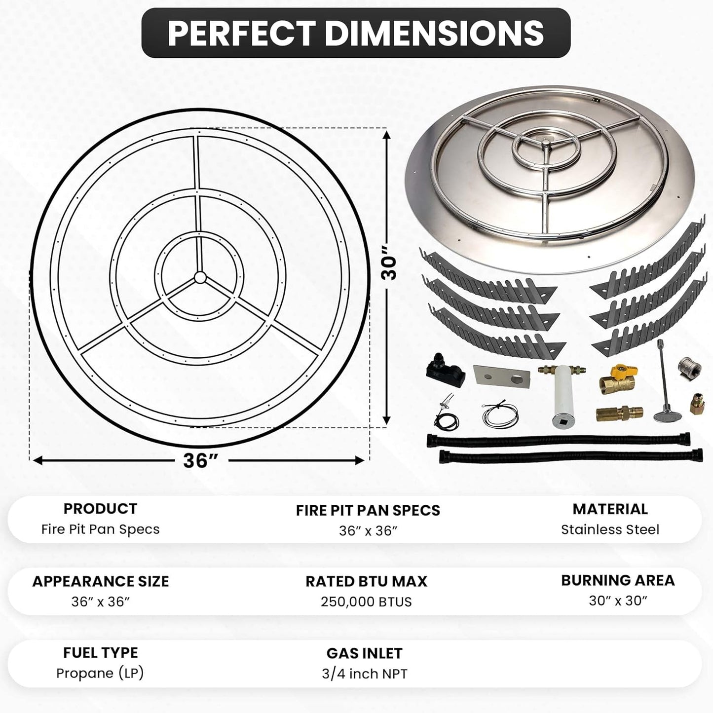 Stainless Steel Fire Pit Burner Pan & Ring Deluxe Kit for Liquid Propane, 36-Inch Pan, 30-Inch Ring, 250,000 BTU Max