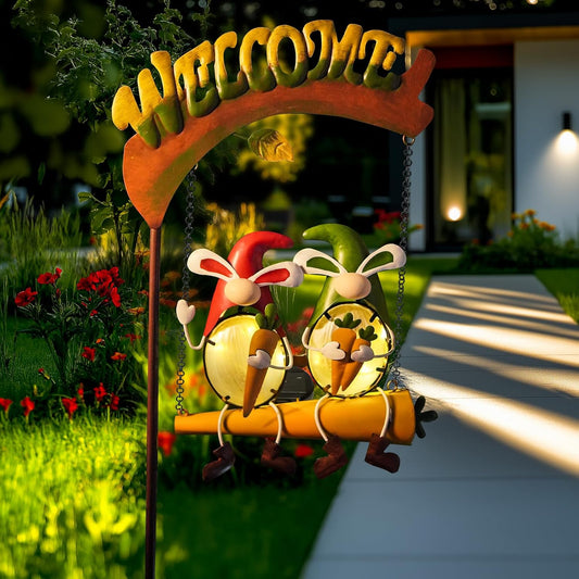 HONGLAND Solar Lights Outdoor Decor, Gnomes Swing Garden Decor, Funny Gardening Gifts for Women Mom, Gnome Outdoor Decorations with Welcome Sign for Front Porch Patio
