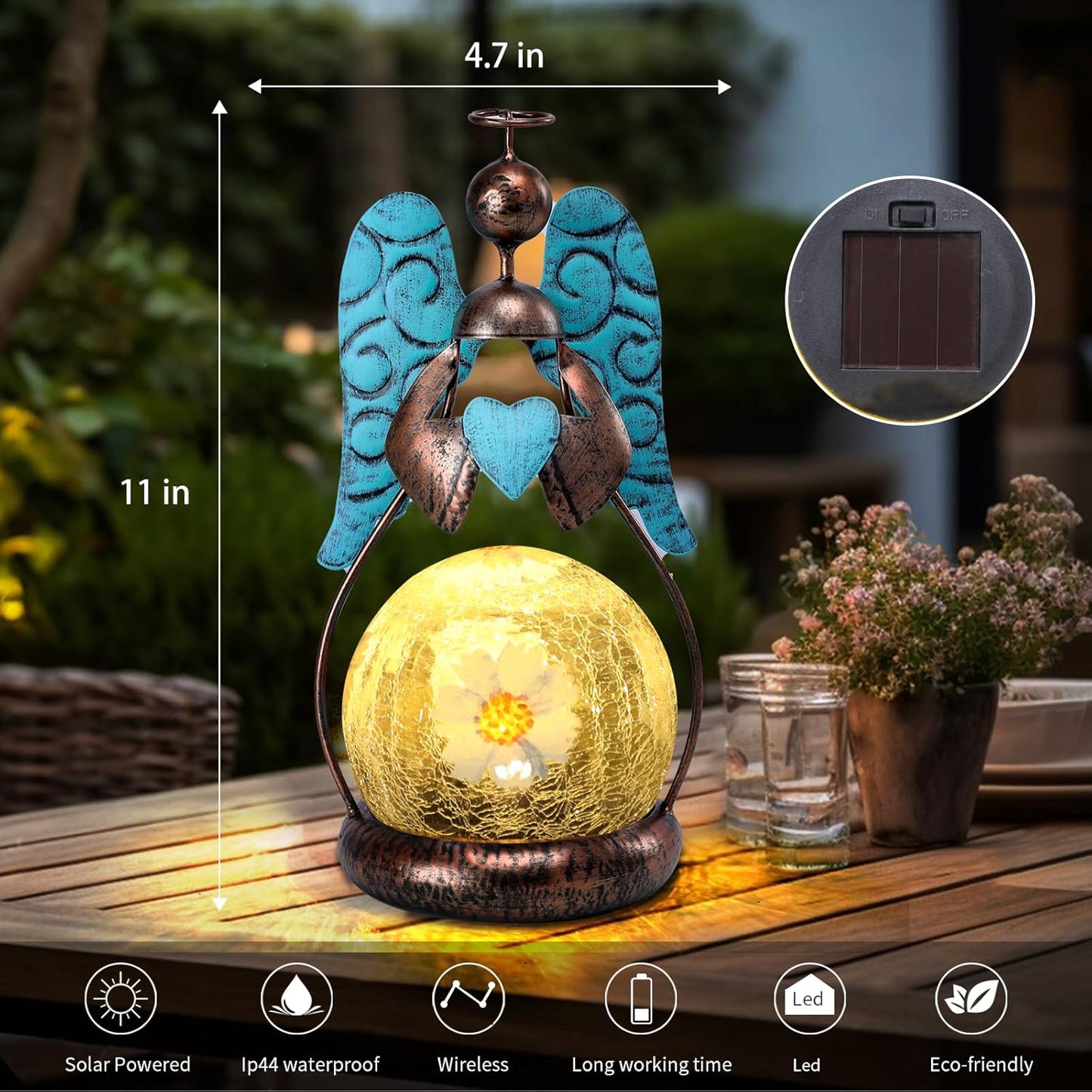 MUMTOP Angel Solar Lights Outdoor Garden - Solar Lanterns Light Decorative Waterproof with Glass Cracked Globe Tabletop Lantern Lamp Ornaments for Yard Patio Decor Gift (Hold Heart)