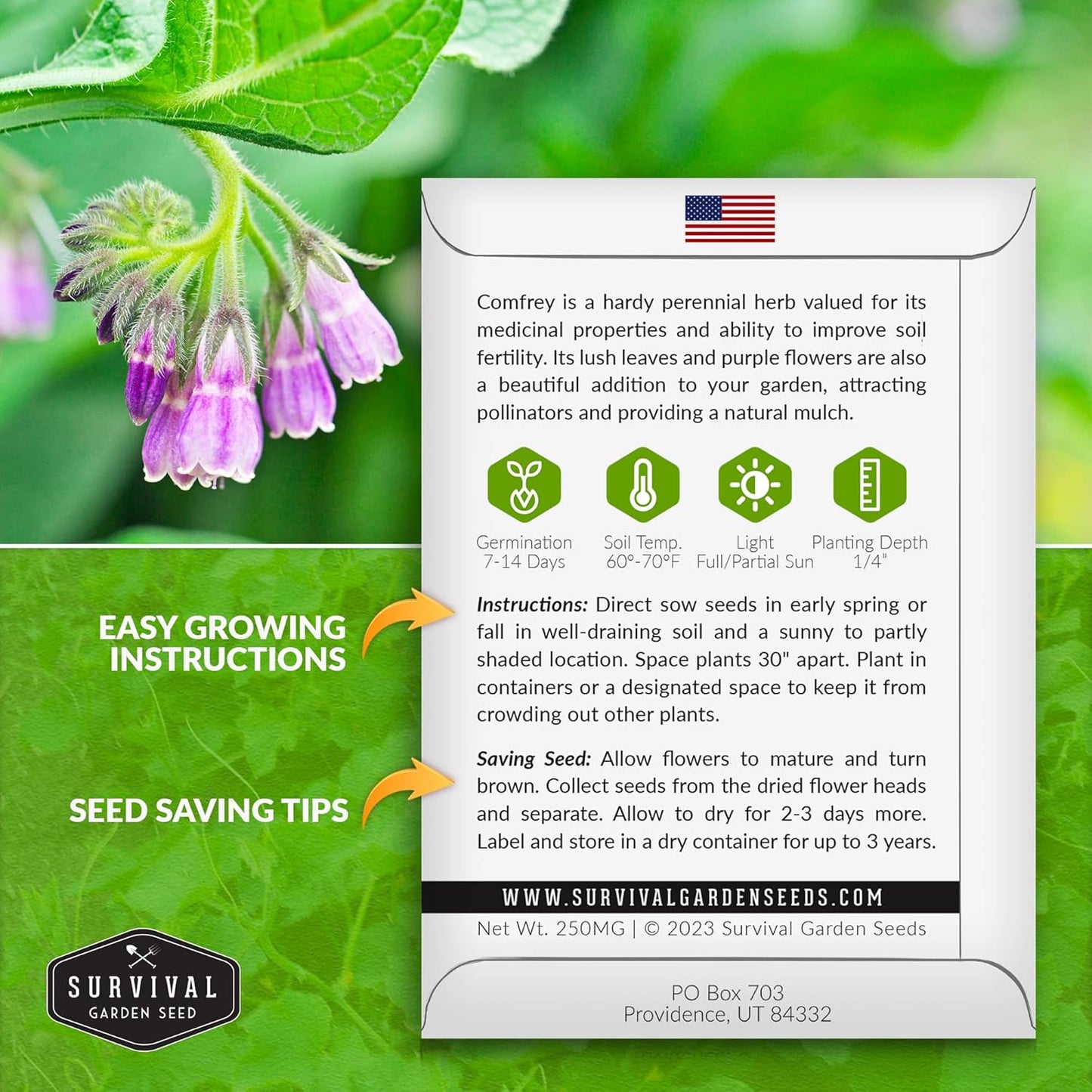 Survival Garden Seeds Comfrey Seed for Planting - 5 Packets with Instructions to Plant and Grow Slippery Root Plants in Your Home Herb Garden - Symphytum officinale - Non-GMO Heirloom Seed Variety
