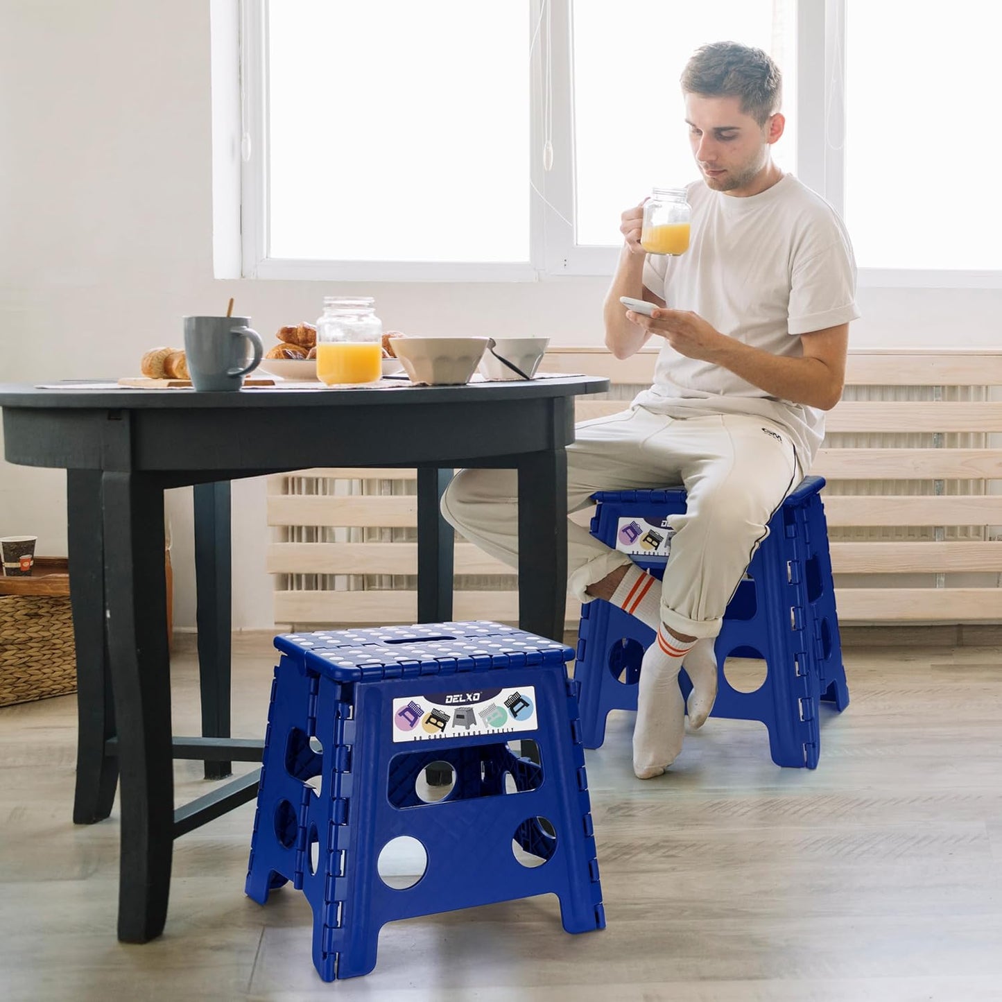 Delxo Folding Step Stool, 13 inch Non-Slip Foldable Stools for Kids & Adults Up to 300 LBS, Step Stool with Handle, Lightweight for Kitchen, Bathroom, Bedroom, Garden, Blue, 1PC