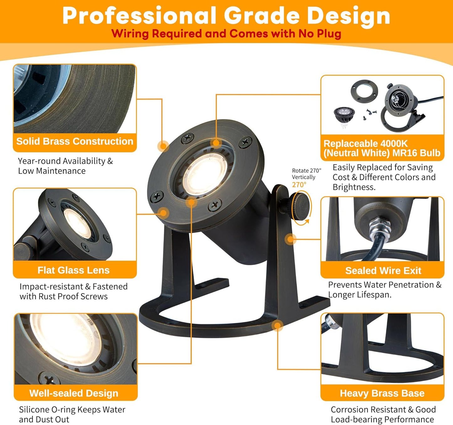 Bronze Pond Light - 12V Low Voltage Solid Brass Submersible Pondlight, IP68 Waterproof Fixture with 4000K MR16 LED Bulb for Outdoor Garden, Landscape, Waterfall, Fountain Lighting(8 Pack)