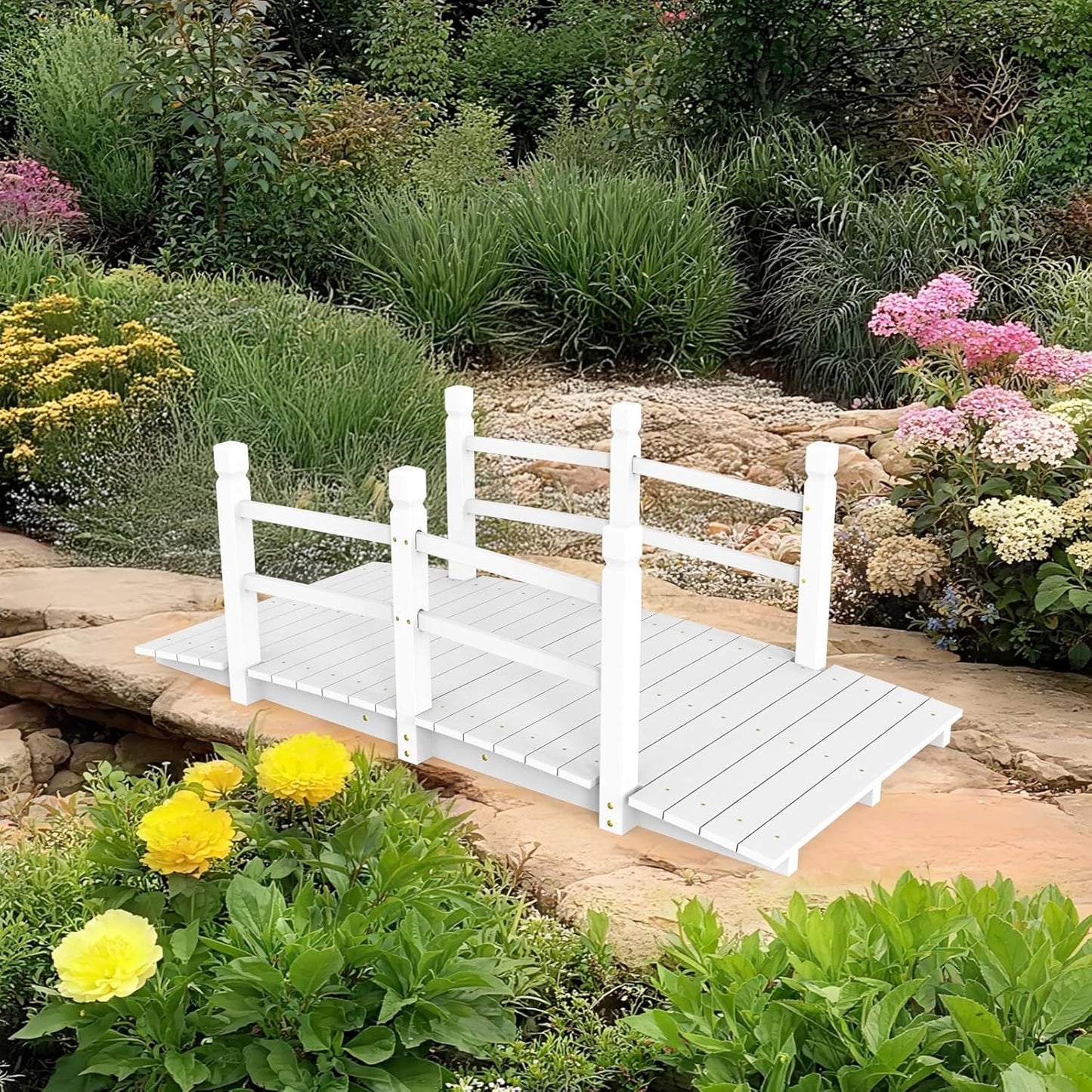 VINGLI Garden Bridge, Classic Wooden Arch with Safety Rails Footbridge (White, 5 ft)