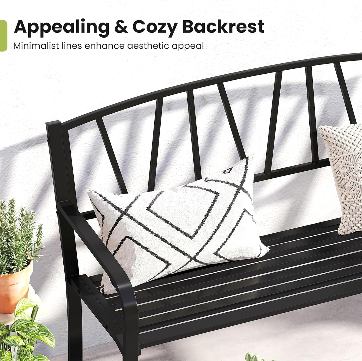 Tangkula Metal Patio Park Bench, Outdoor Garden Bench Loveseat for 2-3 People with Curved Armrests & Minimalist Backrest, Heavy-Duty Outdside Seating for Backyard, Poolside, Porch (Black)