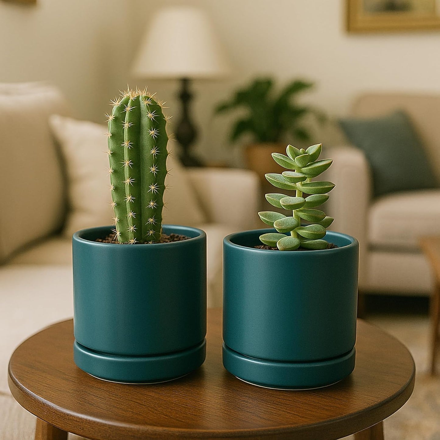 D'vine Dev Set of 4 Small Ceramic Plant Pots, 4.7 Inch Succulent Planter Pot for Plants with Drainage Hole and Saucer, Teal, 94-X-B-9