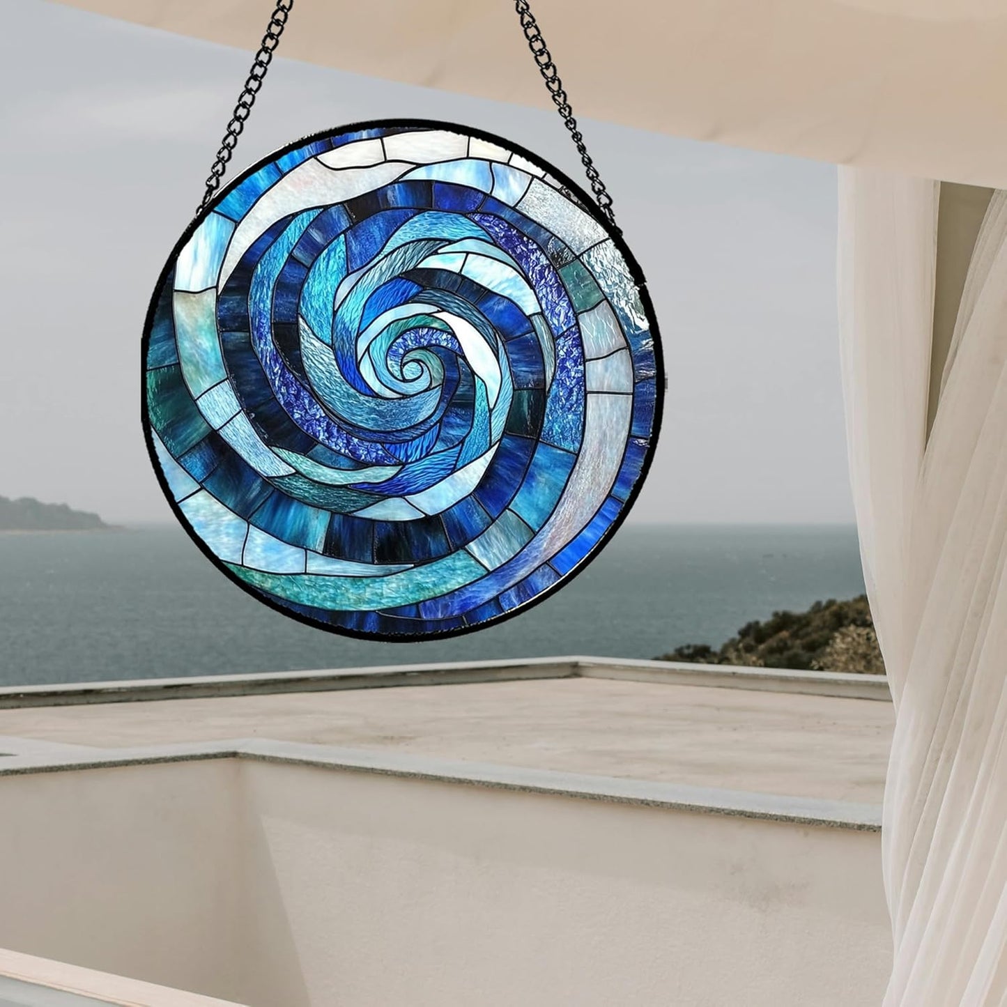 Stained Glass Window Hanging - Blue Abstract Swirl Suncatcher for Doors Garden Patio Unique Sun Catchers Decor Christmas Mother's Day Birthday Gifts for Women Men Mom Nana Friend 11.8 in