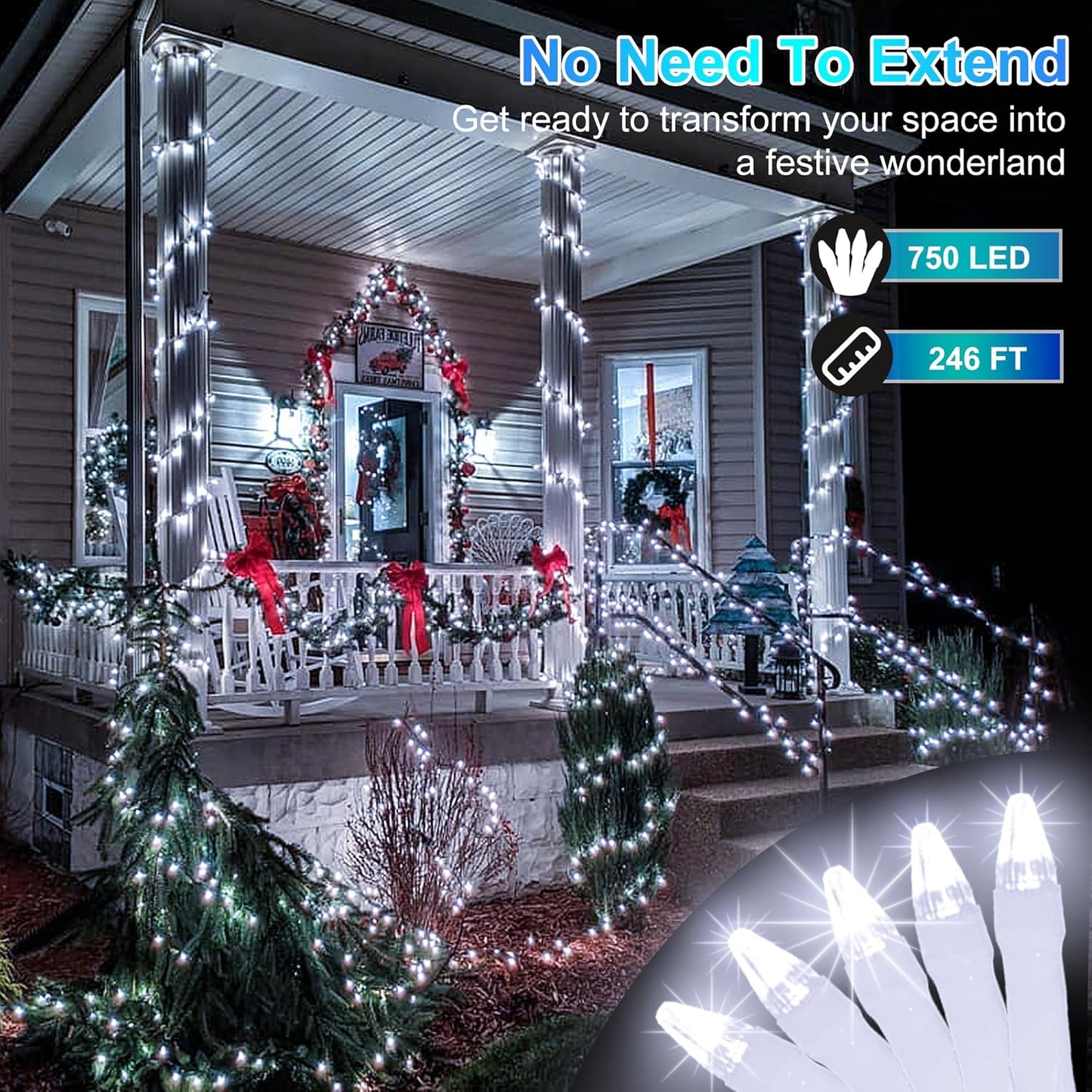 750 LED Christmas Lights - Outdoor Use, 246ft with 8 Modes, IP44 Waterproof for Xmas Patio, Yard, Fence, Deck, Balcony, Garden Decor - Cool White