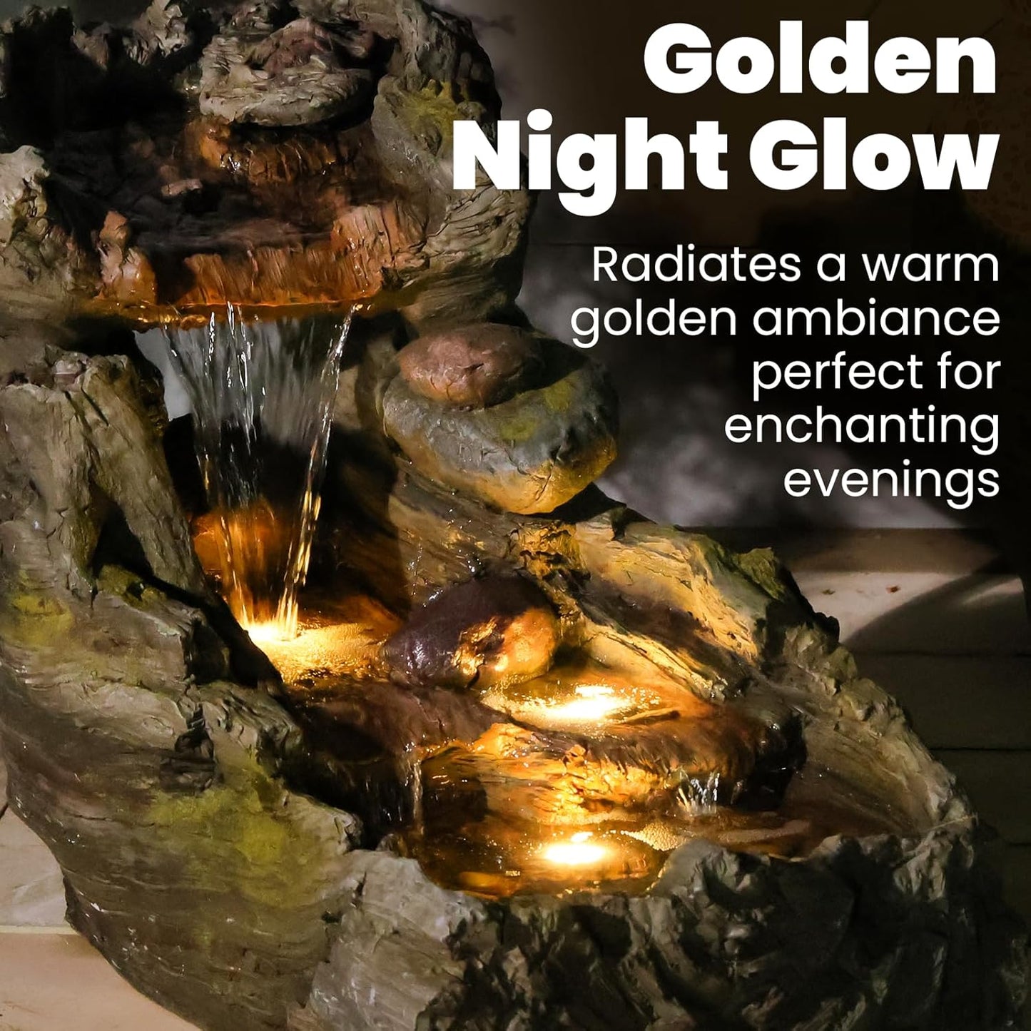 32.5" L Garden Outdoor Water Fountain, Floor Standing Cascading Realistic Tree Trunk Natural Waterfall Outdoor Fountains with LED Lights for Patio, Porch, Home Art Decor