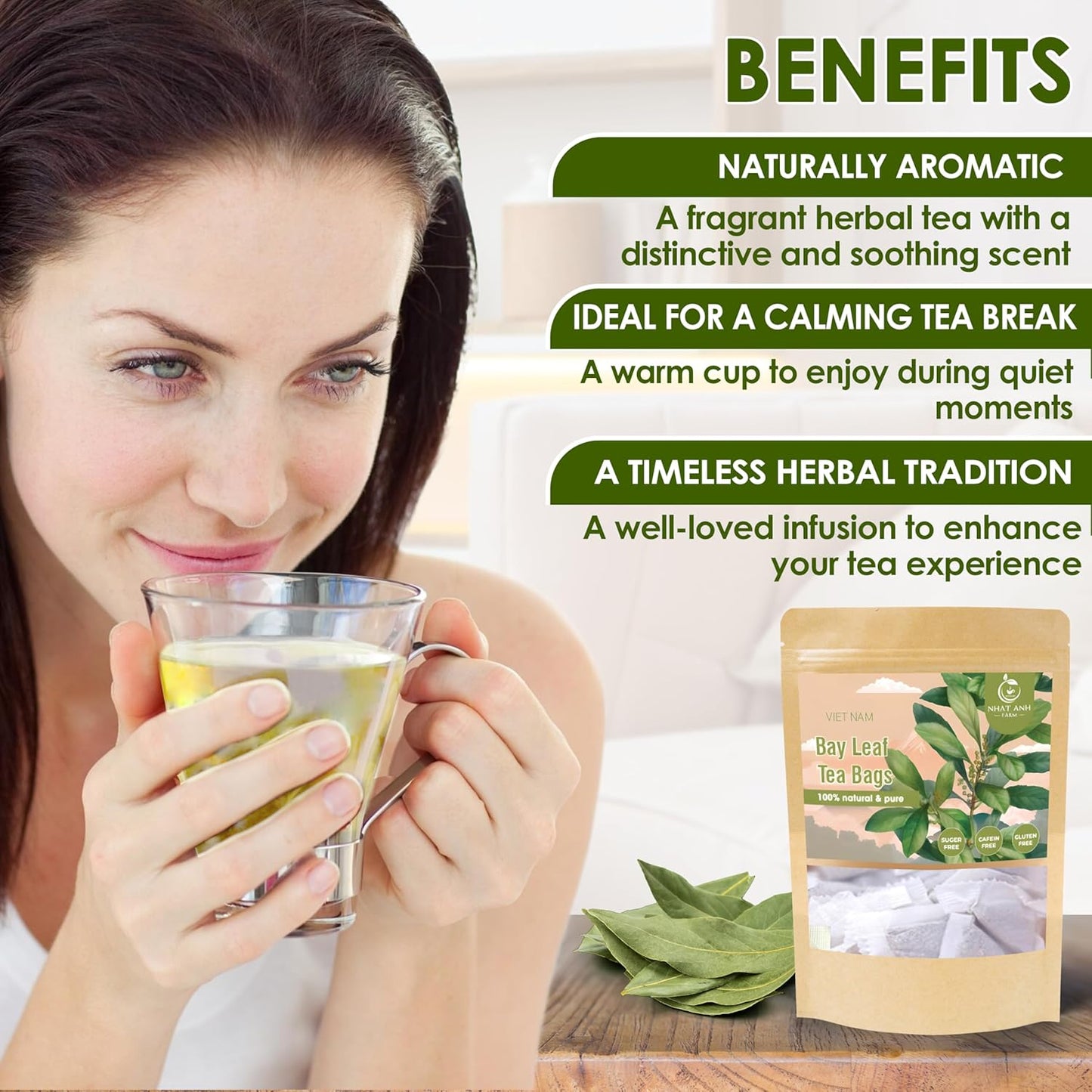 NHAT ANH FARM - Premium Bay Leaf Tea Bags, 40 Tea Bags, 100% Natural Dried Bay Leaf, Naturally Sweet Herbal Tea, Sugar-Free, Caffeine-Free, No Additives.