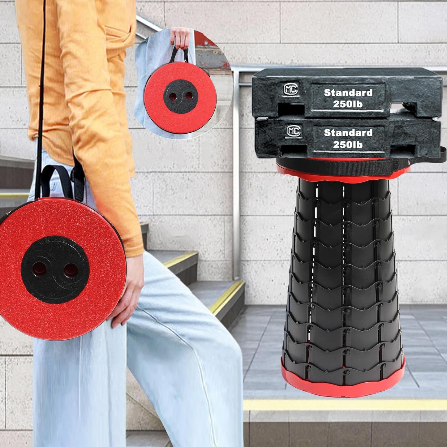 ALEVMOOM Upgraded Nylon Collapsible Stool with 500lbs Max Weight Portable Retractable Folding Telescoping Stools for Adults Chair for Outdoor Camping Fishing Hiking BBQ (Nylon Red)