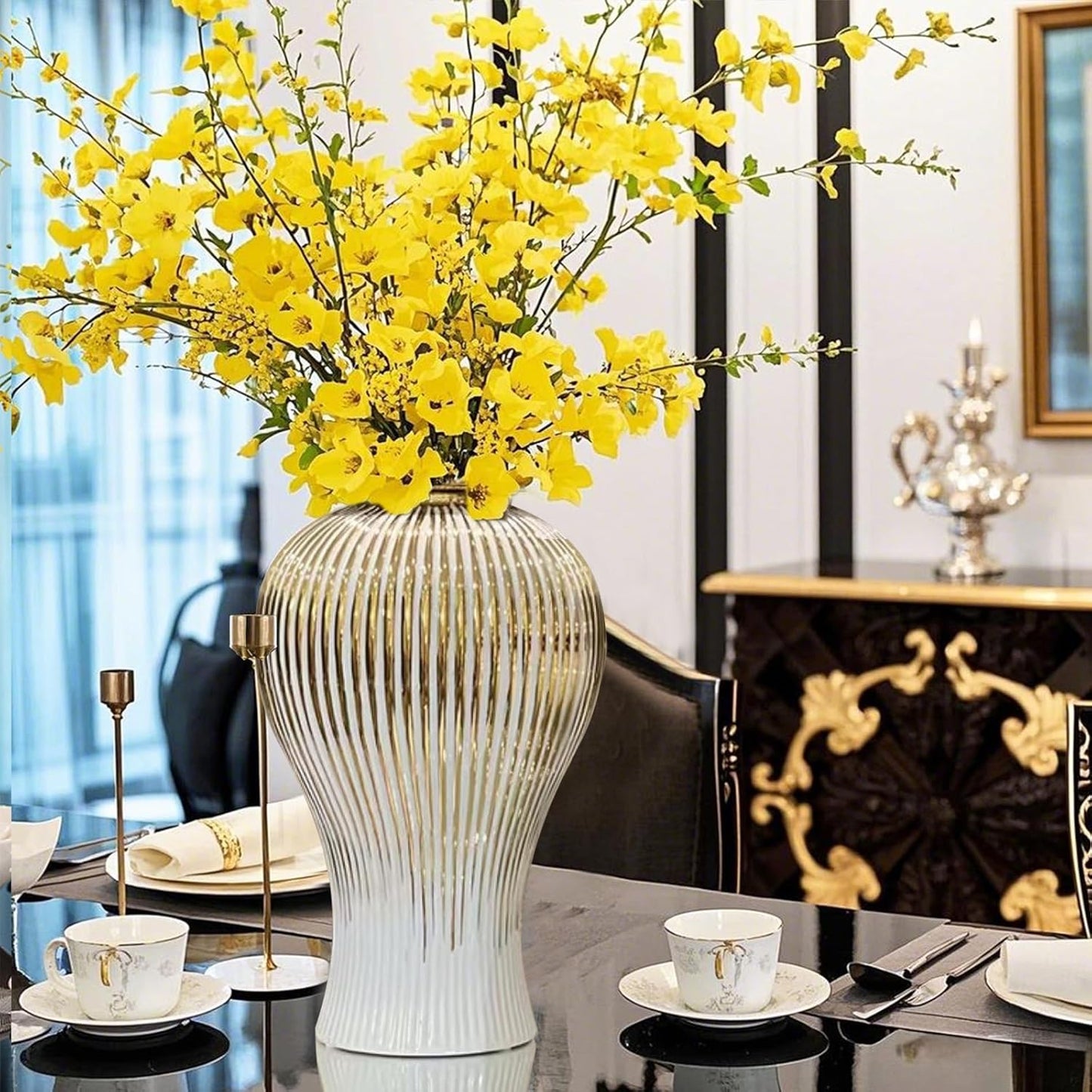 Ginger Jar, White Gold Ceramic Vase Large Handmade Porcelain Vases with Lid, White Gold Decorative Flower Vase for Home, Living Room, Weddings, Centerpieces (B-Medium)