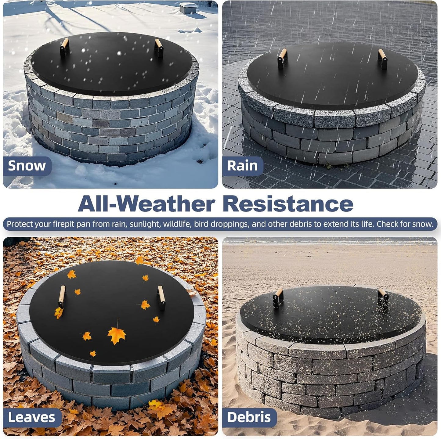 1MORE Fire Pit Lid Round 34" - Metal Firepits Cover with Wooden Handles for Patio Firepits,Rust Resistant 1.5mm Fire Pits Metal Lid, Firepits Accessory, Fire Pits Cover Round, All-season Protective