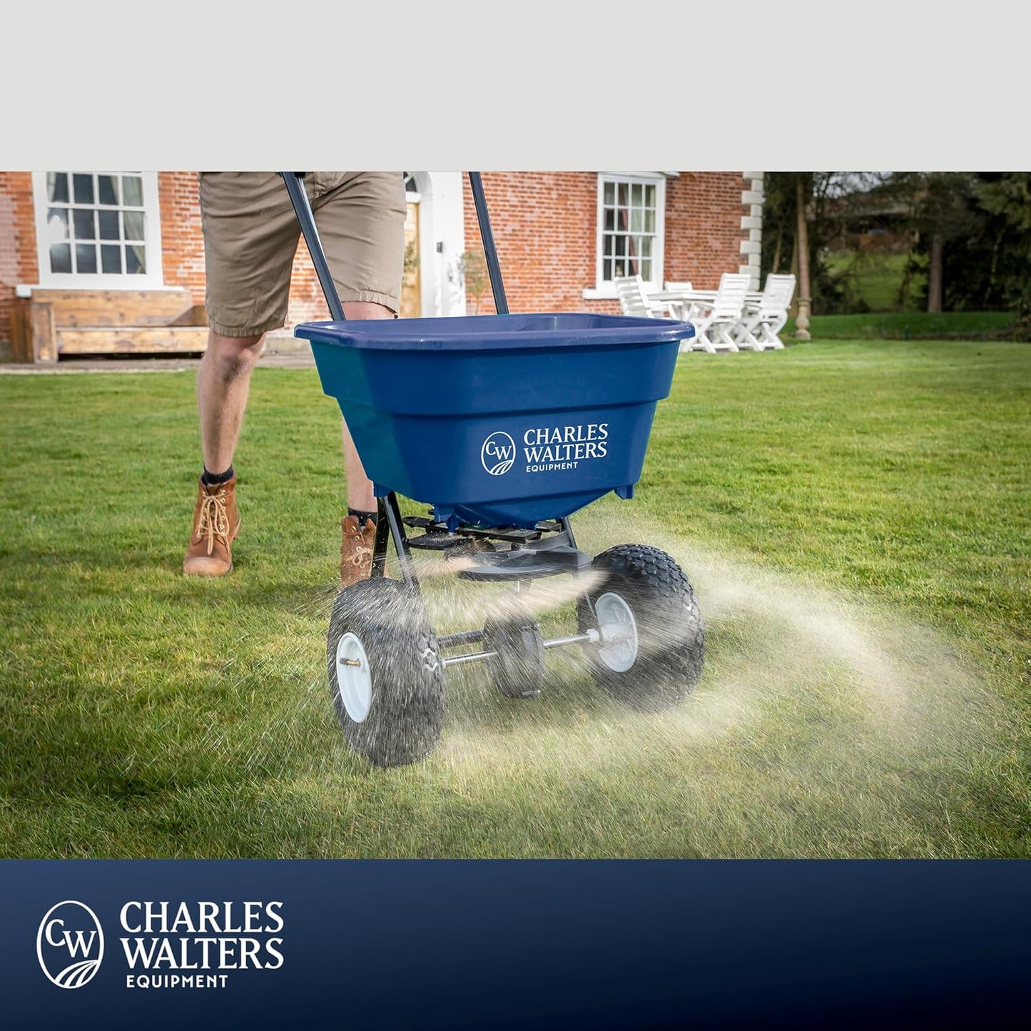 Charles Walters Equipment CW2000 Estate Style Broadcast Spreader for Spreading Fertilizer and Ice Melt on Lawns, Sidewalks, and Driveways, 65lb Capacity, 35" x 35"