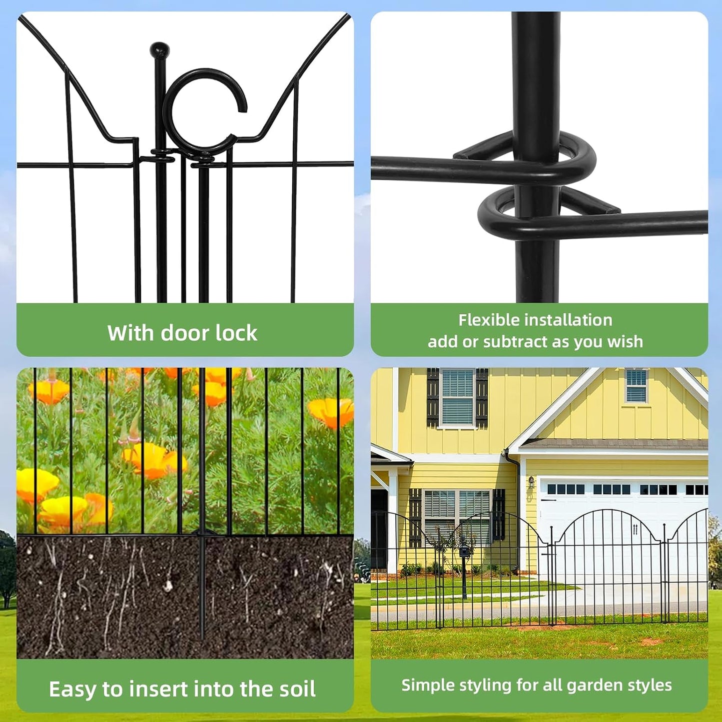 Decorative Metal Garden Fence with Gate Lock 5 Panels, 24in (H) x 10ft (L) No Dig Dog Fence Outdoor for Yard, Temporary Rustproof Metal Wire Rabbit Dog Garden Border Fencing for Patio
