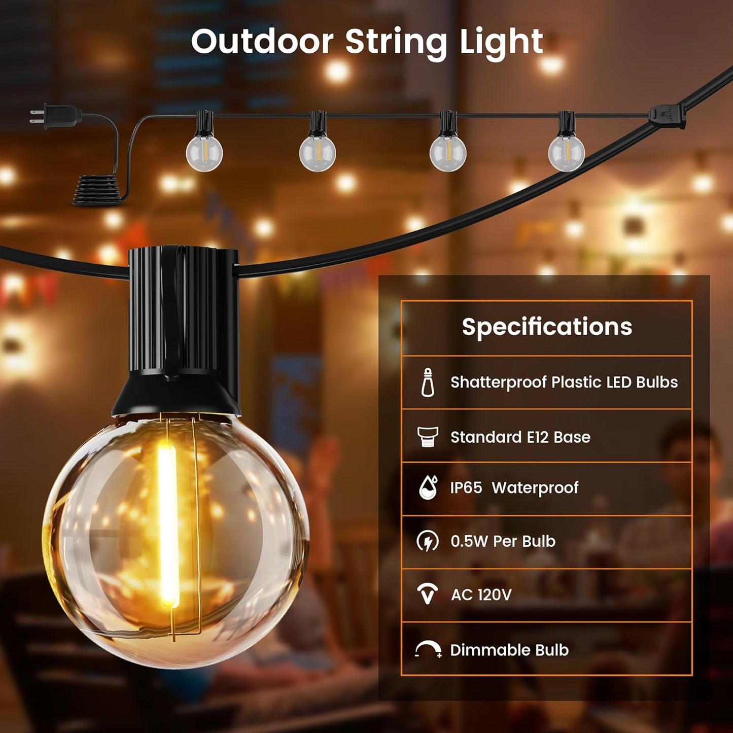 OHLUX Outdoor String Lights, 180FT G40 Globe LED Patio Lights with 82 Dimmable Plastic Bulbs 2 Spare, 2200K Waterproof Connectable Hanging Lights for Backyard Porch Cafe Party Decor, E12 Socket