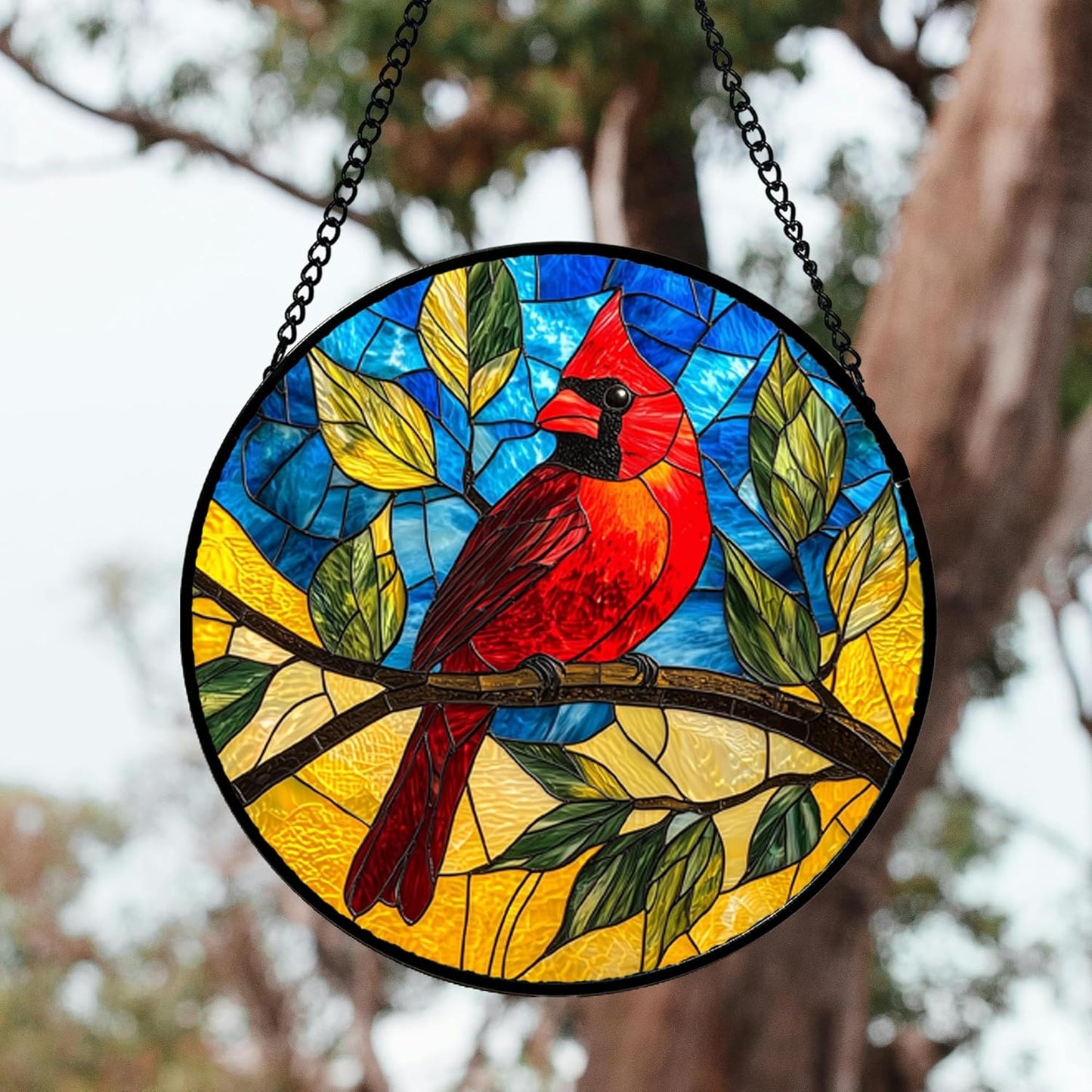 Stained Glass Window Hanging, Blue Sky Cardinal Sun Catchers Colorful Glass Panel Red Birds Suncatcher Decor for Birthday for Women, Men, Wife, Aunt, and Mom 14.9x14.9 in