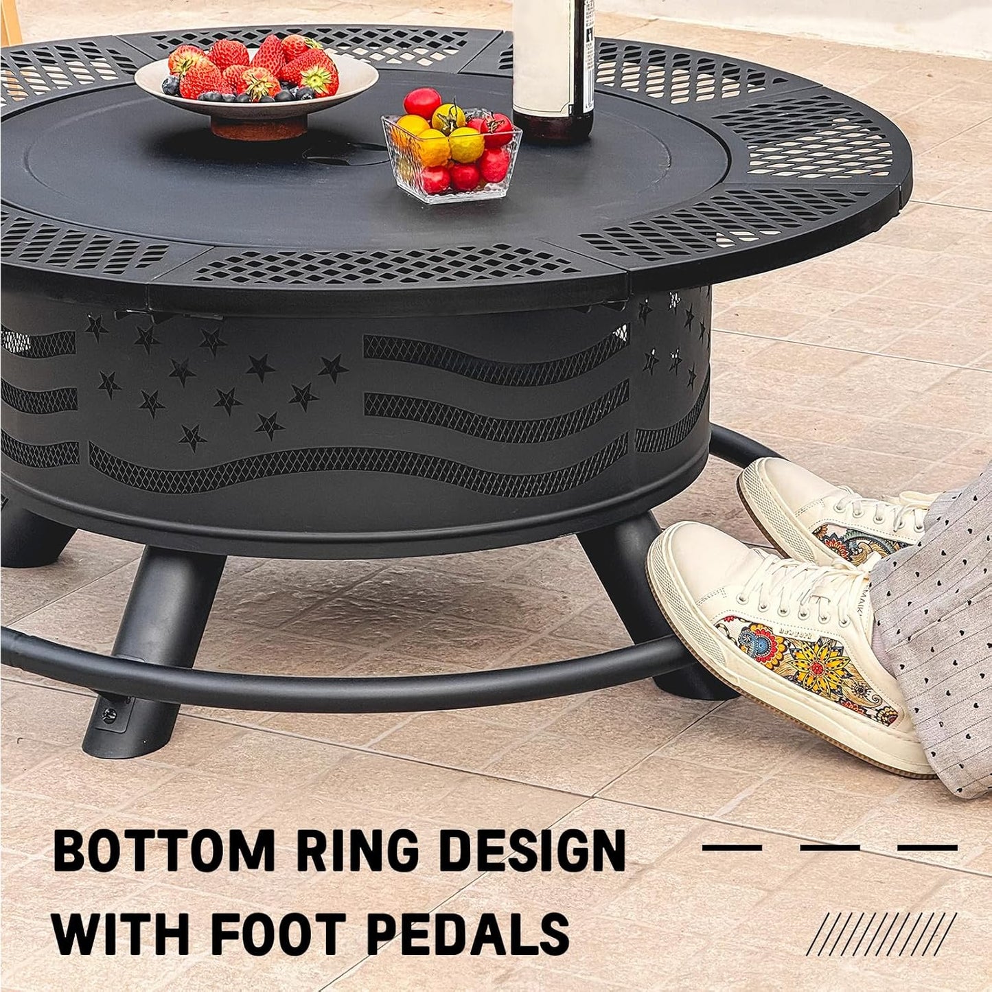 36 Inch Fire Pit with 2 Cooking Grates, Outdoor Wood Burning BBQ Grill Firepit Bowl with Cover Lid, Steel Round Table for Backyard Bonfire Patio Picnic (Black, 36IN)