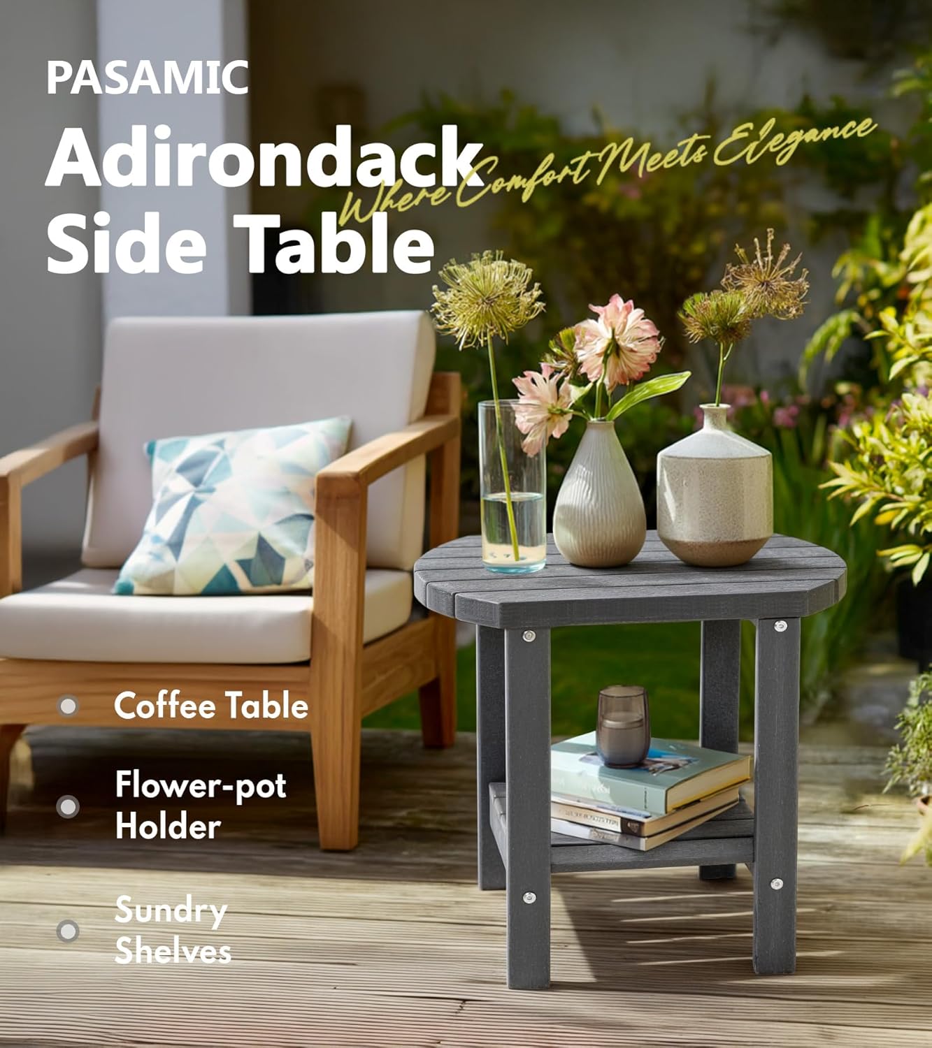 PASAMIC Outdoor Side Table, HDPE Adirondack Oval Side Table with 2-Tier Storage, Weather Resistant Outdoor End Table for Patio, Backyard, Pool, Indoor Companion, Beach, Easy Maintenance Table (Grey)