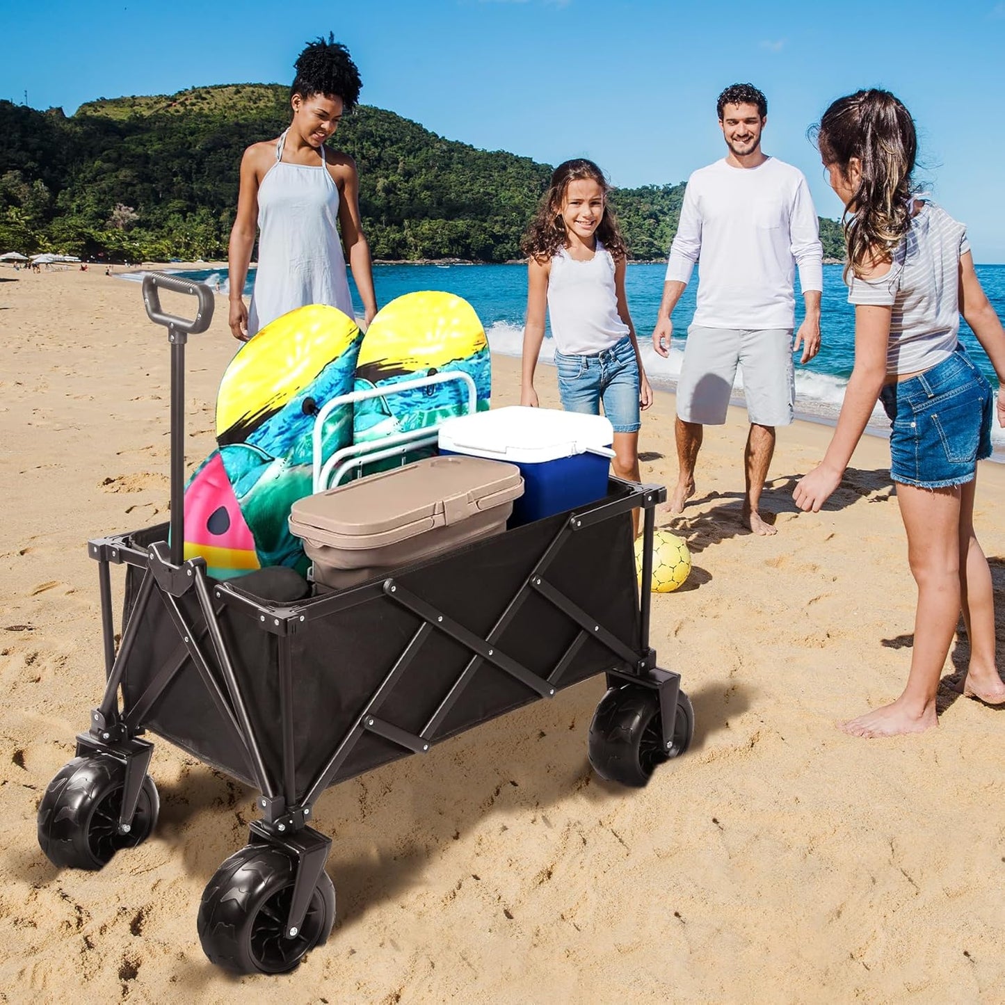 REDCAMP Collapsible Beach Wagon with 9" Big Wheels for Sand, 450lb Heavy Duty Foldable Beach Cart with All-Terrain Balloon Style Foam Wheels for Gravel, Sand, Camping, Groceries, Garden