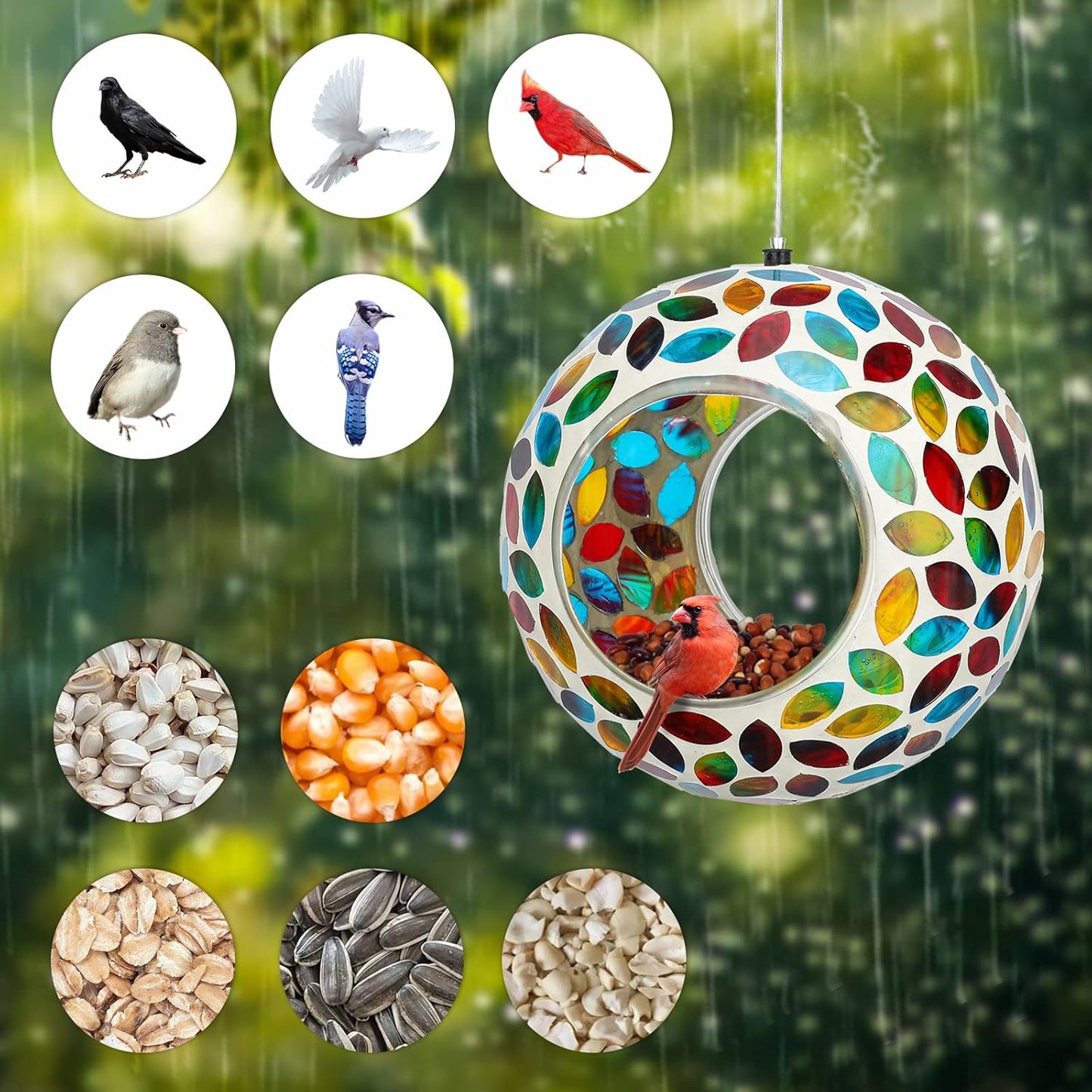 Yinns Bird Feeder - Hanging Mosaic Glass Birdfeeder, Fly Through Bird Feeders with Oval Stained Glass, Outdoor Garden Decor, 6.5 inch