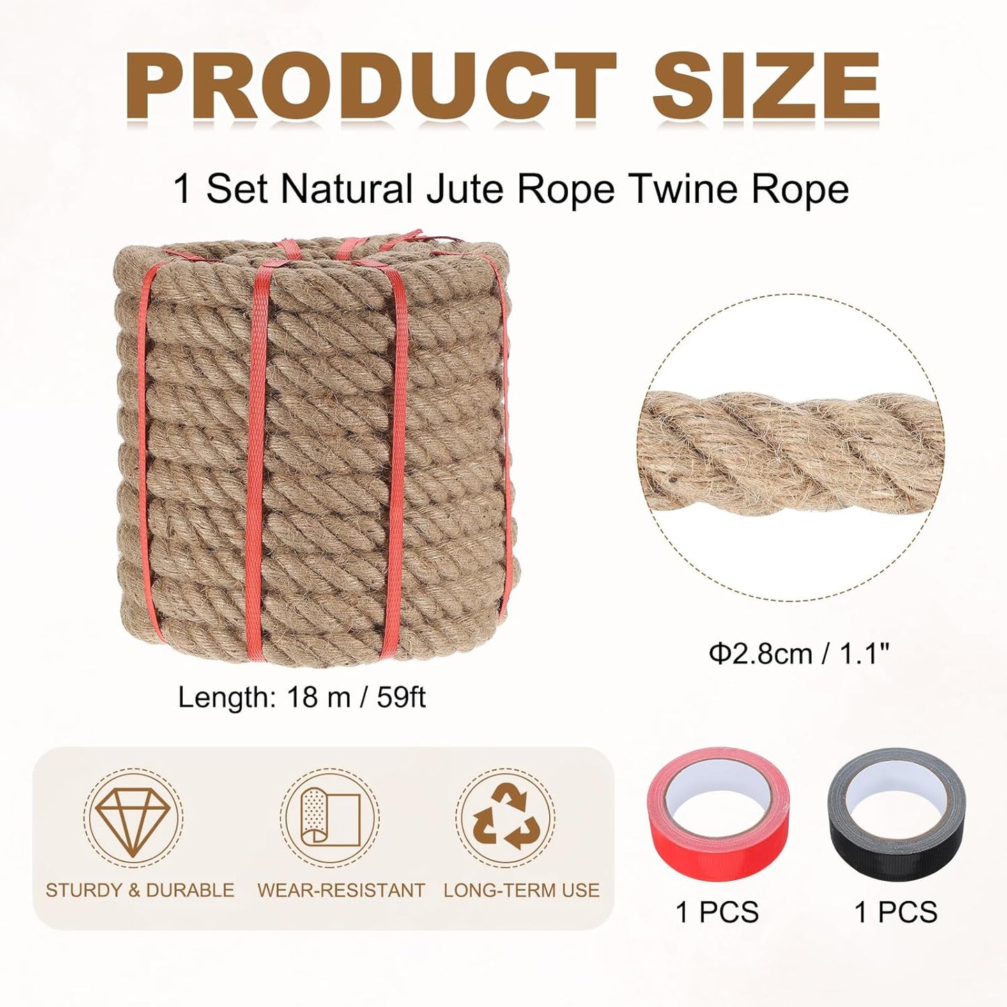 MECCANIXITY Jute Rope 1.1 Inch x 59ft, Thick Twine Rope Ropes Braided Jute Twine Natural Brown Burlap Cord String Heavy Twisted with Tapes for Decorative Crafts Railing Swing Tug of War