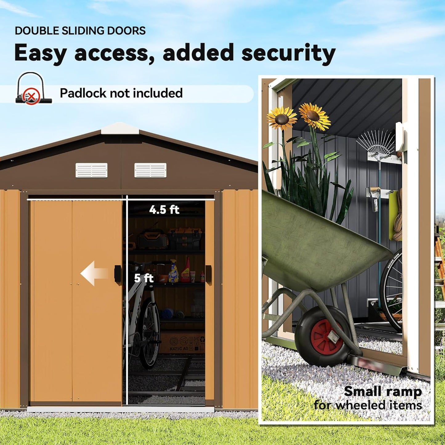 Outsunny 11' x 13' Outdoor Storage Shed, Garden Tool Metal Shed with Foundation Kit, Double Lockable Door, Air Vents and Sloping Roof, for Backyard, Patio, Lawn, Yellow