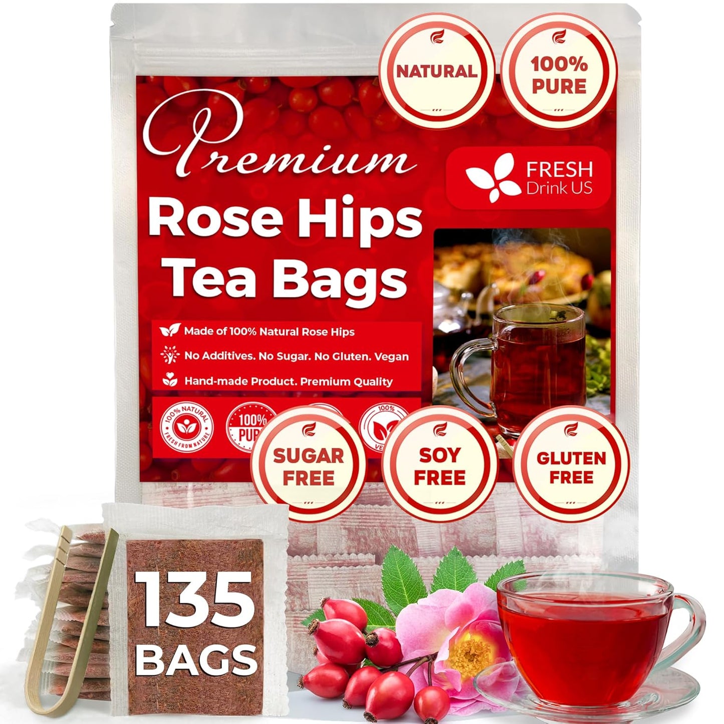 FreshDrinkUS, Premium 135 Rosehip Tea Bags, 100% Natural & Pure from Rose Hip Fruits. Loose Rosehip Herbal Tea. Made with Natural Material Tea Bags. No Sugar, No Caffeine, No Gluten, Vegan.