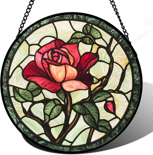 Stained Glass Window Hanging, Red Rose Flowers Sun Catcher for Door Garden Home Decor Suncatcher Christmas Mother's Day Birthday Gifts for Women Lovers Men Wife Girlfriend Mom Nana 9.8 in