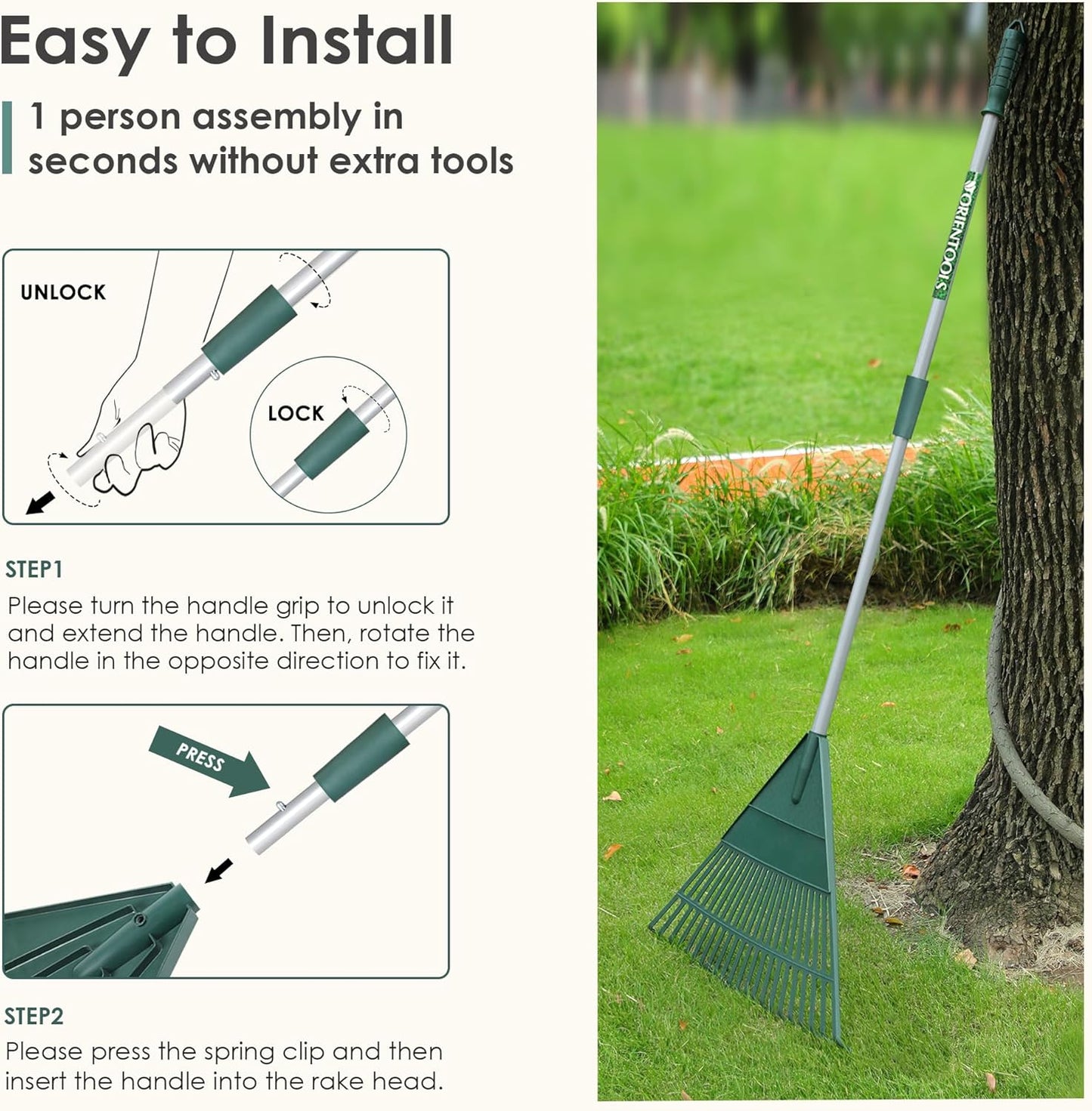 ORIENTOOLS Rake for Leaves,Adjustable Garden Leaf Rake ,Lightweight Steel Poly Yard Rake，22 Tines, 42 to 60 Inches (Silver Handle)