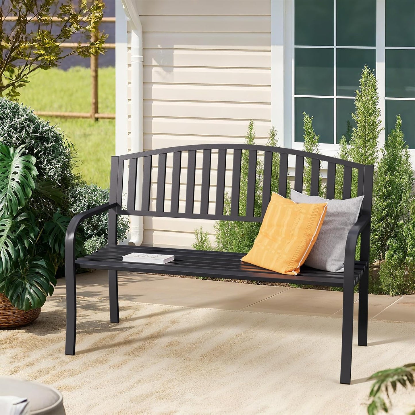 50'' Outdoor Garden Bench, Weatherproof Wrought Iron Metal Patio Bench with Mesh Pattern Backrest, for Front Porch, Park, Yard, Gardens