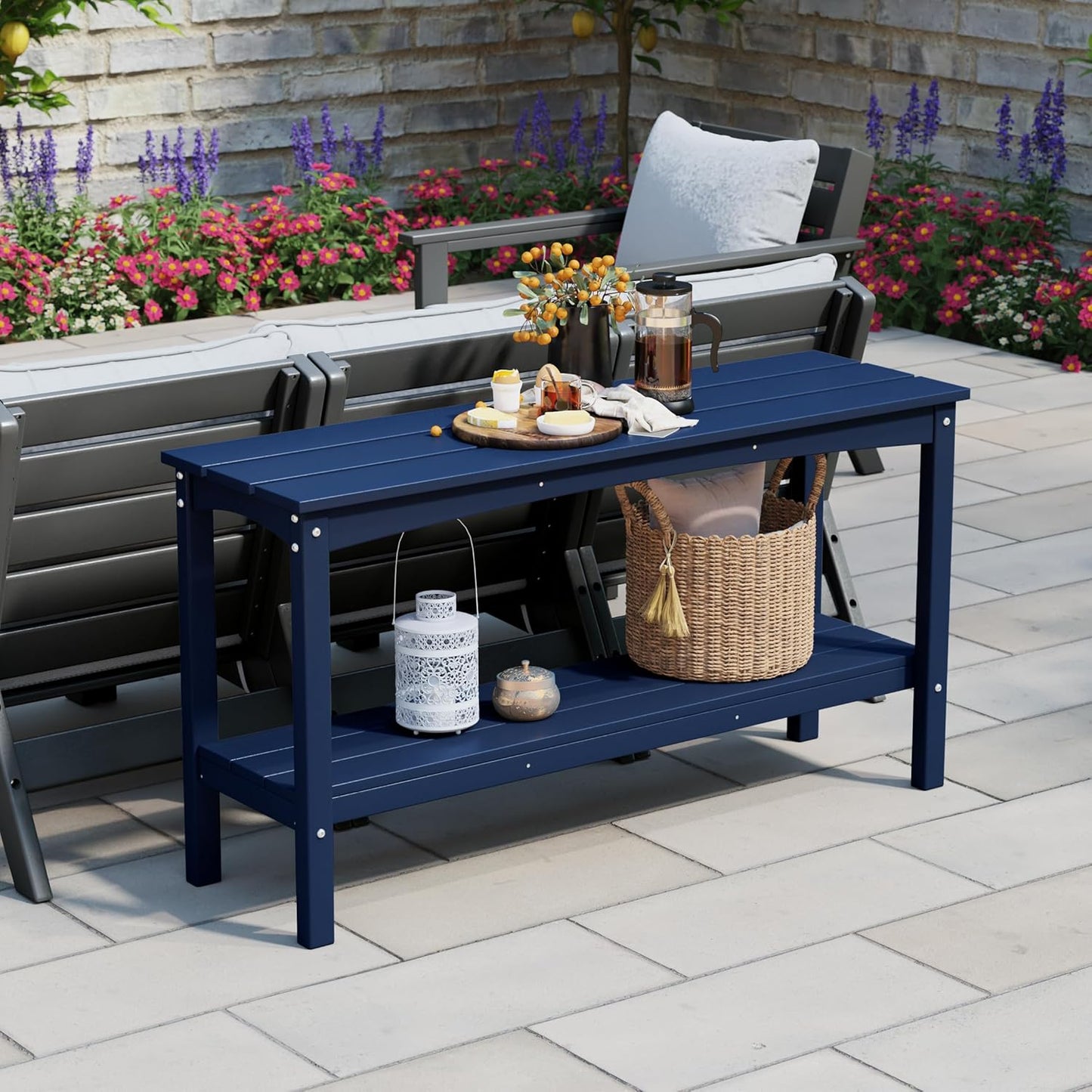 WestinTrends Malibu 55" Outdoor Patio HDPE Adirondack 2-Tier Shelf Console Table, Navy Blue