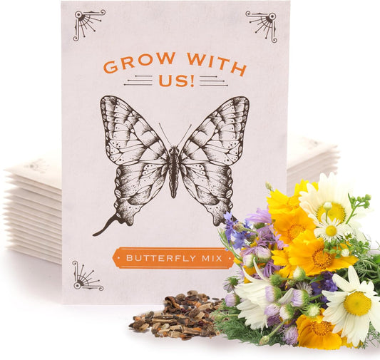 Bentley Seeds Grow with Us Pre Filled Butterfly Mix Seed Packets - 25 Individual Assortment Butterfly Mix Seed Packs for Party Favors Non-GMO Eco-Friendly Summer to Fall Gift - Outdoor Garden Seeds