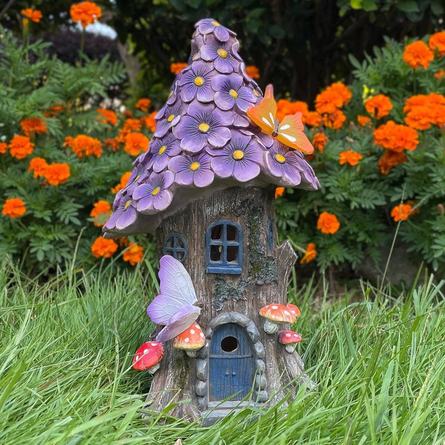 COWOS Mushroom House Statue, Garden Decor Outdoor Solar Statues, Solar Garden Statue Lights, Mushroom Fairy House Figurine, Memorial, Adorable Mushroom and Flowers, Garden Decor