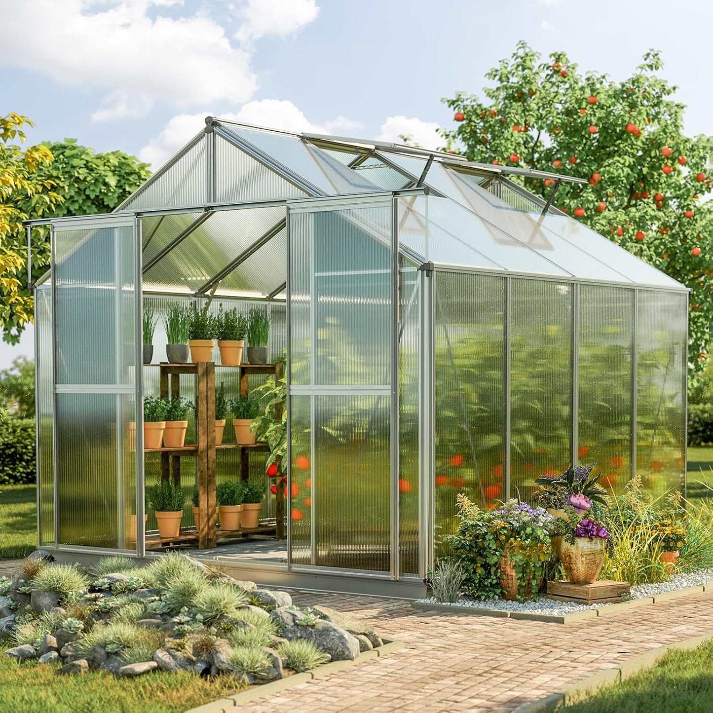 Greenhouse Topas 4 Aluminum Frame 7.4 x 8.5 ft Approx. 8 mm Polycarbonate Panels - with Bonus Base Frame and Automatic Vent Opener