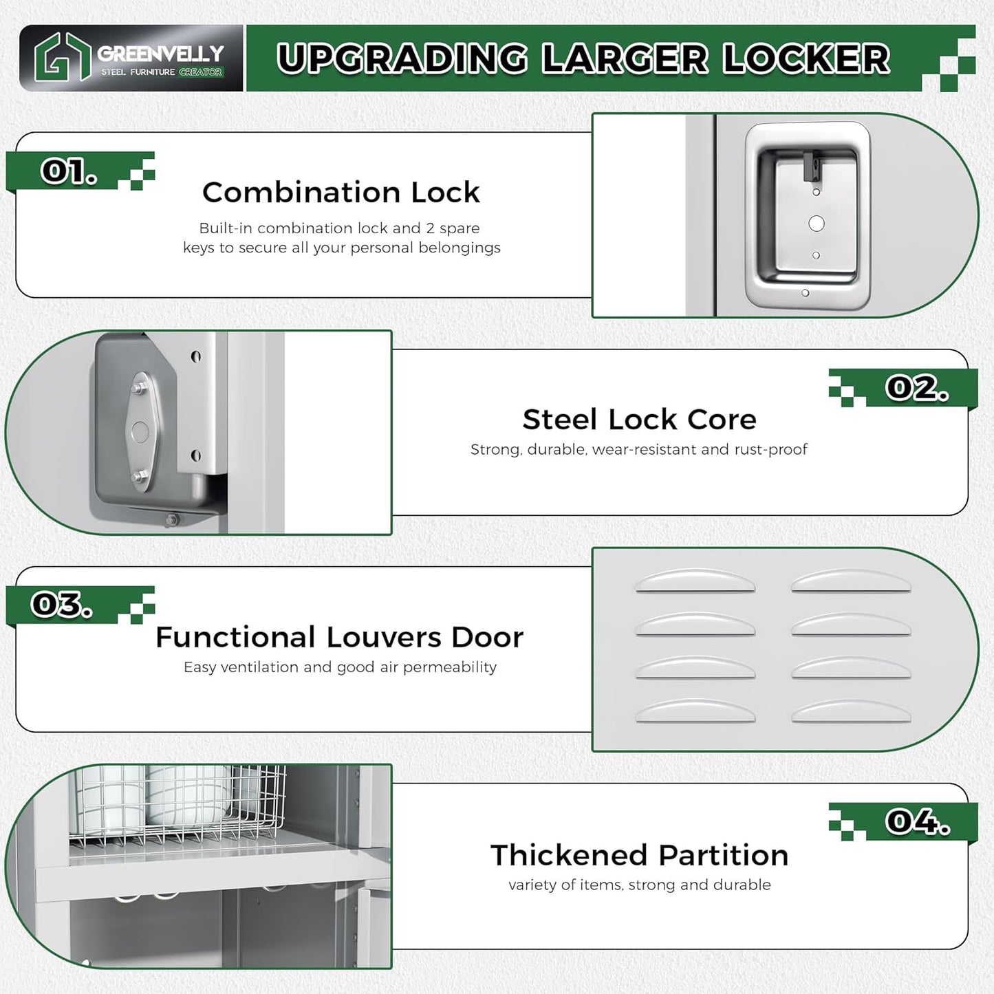 Greenvelly Metal Locker for School Office Gym Metal Storage Locker Cabinet for Employees Students Steel Locker Triple Tier with 3 Door Grey