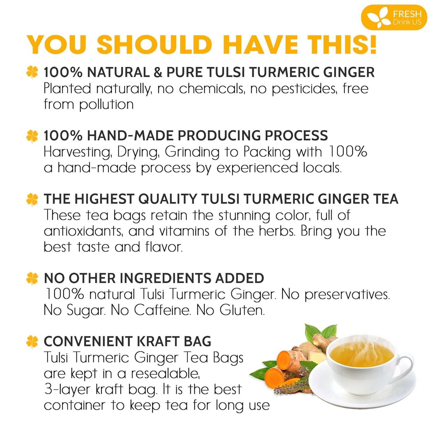 FreshDrinkUS, Premium 55 Tulsi Turmeric Ginger Tea Bags, 100% Natural & Pure from Tulsi Holy Basil Leaves, Turmeric and Ginger. Made with Natural Material Tea Bags. No Sugar, No Caffeine, Vegan.