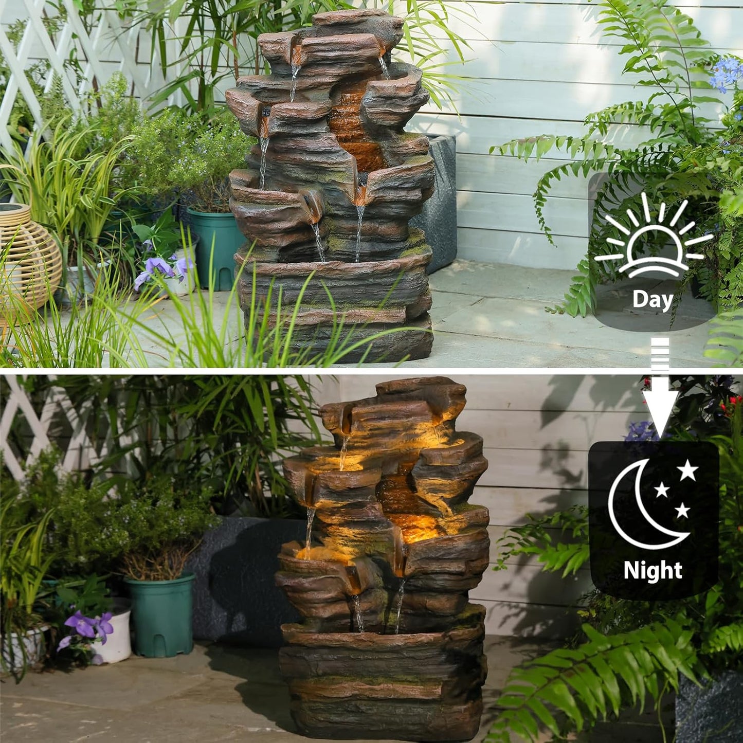 24.2" H 6-Tier Outdoor Water Fountain, Features Rock Garden Waterfall Fountains with Warm Lights, Floor-Standing for Patio, Backyard, Deck, Porch, Home Décor, Brown