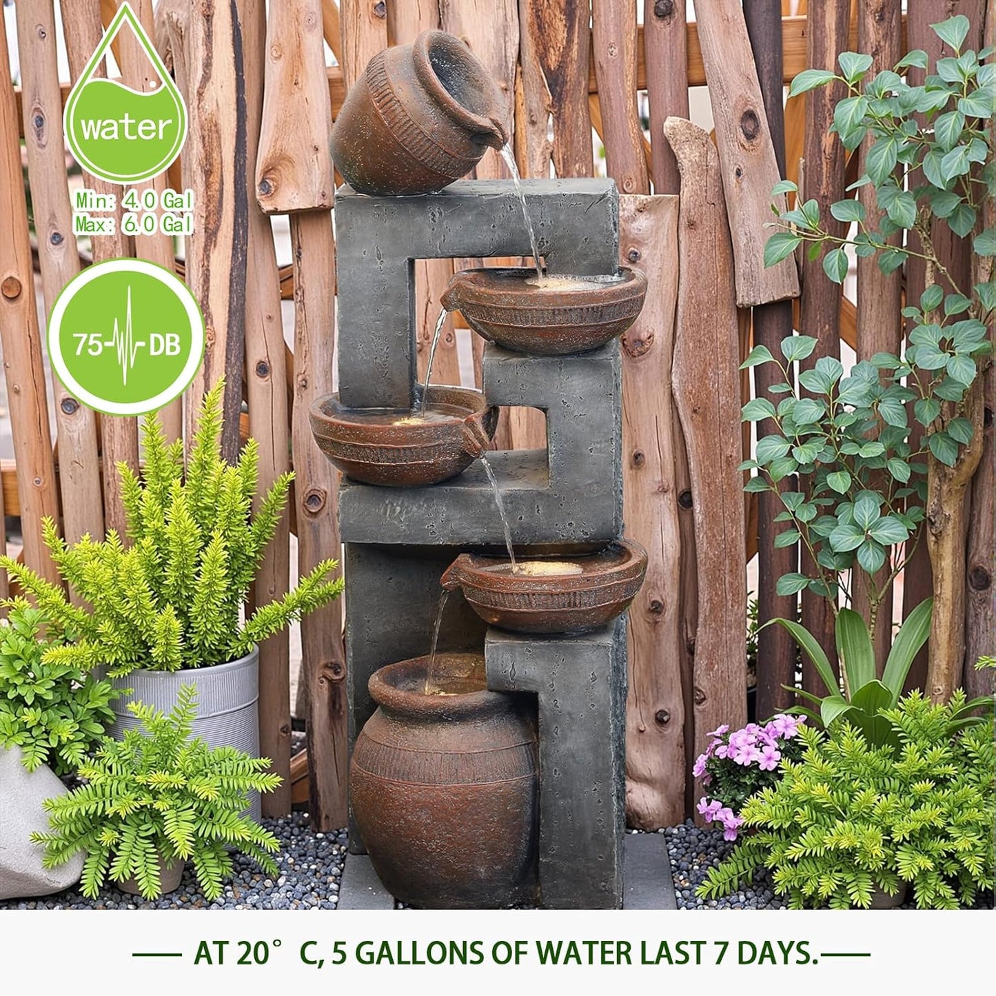 33.8" H Water Fountain Outdoor with LED Lights & Pump, 5-Tier Cascading Outdoor Fountain for Garden,Patio,Porch,Backyard,Home Art Decor (Brown)