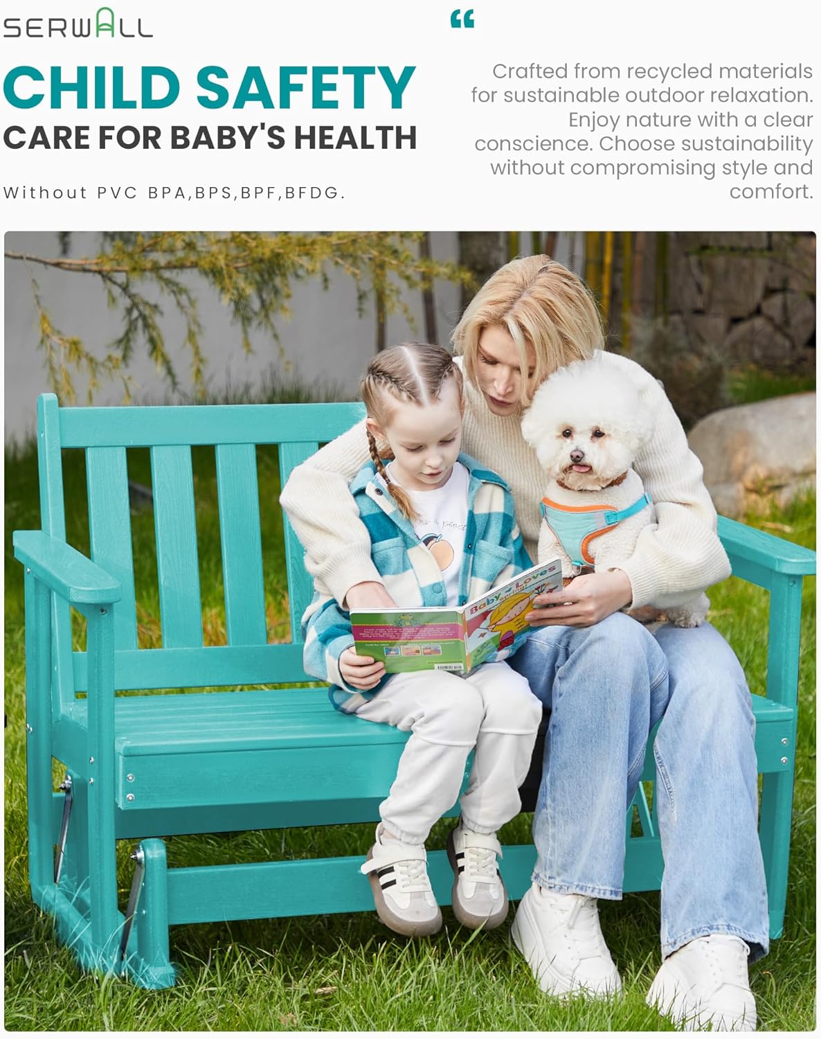 SERWALL 2 Person Patio Glider Bench, HDPE Material Weather-Resistant Swinging Bench for Outdoor Porch Garden, Aruba