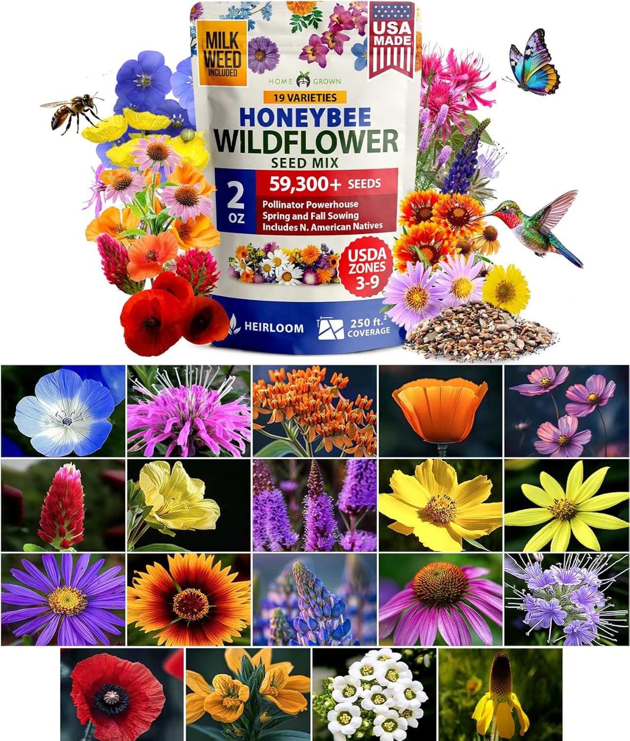 HOME GROWN Premium Wildflower Seeds Bulk Mix (2oz) - 59,300+ Seeds with 19 Varieties for Pollinators - Wild Flower Seed for Bees, Butterflies - Perennial & Annual Throw and Grow Seed Mix