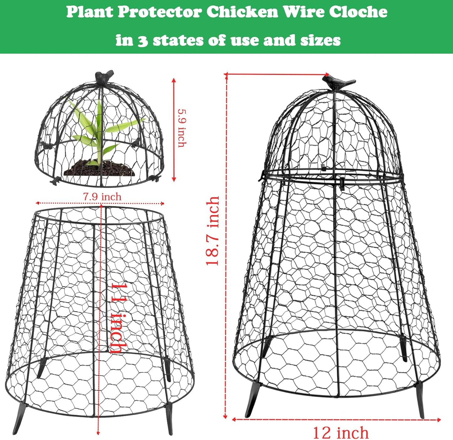 Plant Protector Chicken Wire Cloche 2 PCS, Plant Protectors from Animals, 18.7×12 Inch Large Garden Cloches for Plants, Sturdy 2-in-1 Cloche Dome for Plants, Plant Protectors for Easy Pruning
