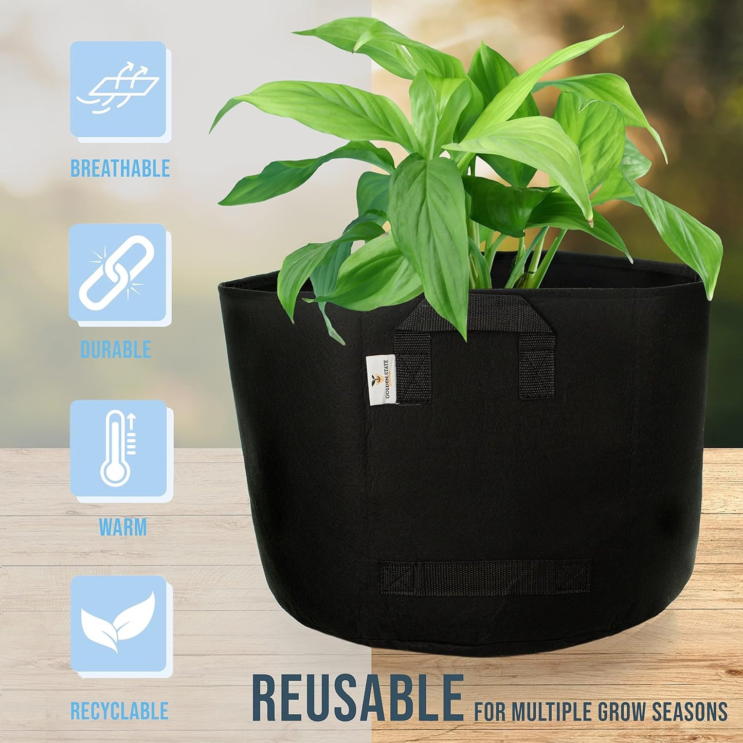 Grow Bags: 5-Pack (Size: 20 Gallon): 300gsm Black Felt Fabric, Biodegradable and eco-Friendly Material. (Handles + Dumping Handles-pat.Pend).