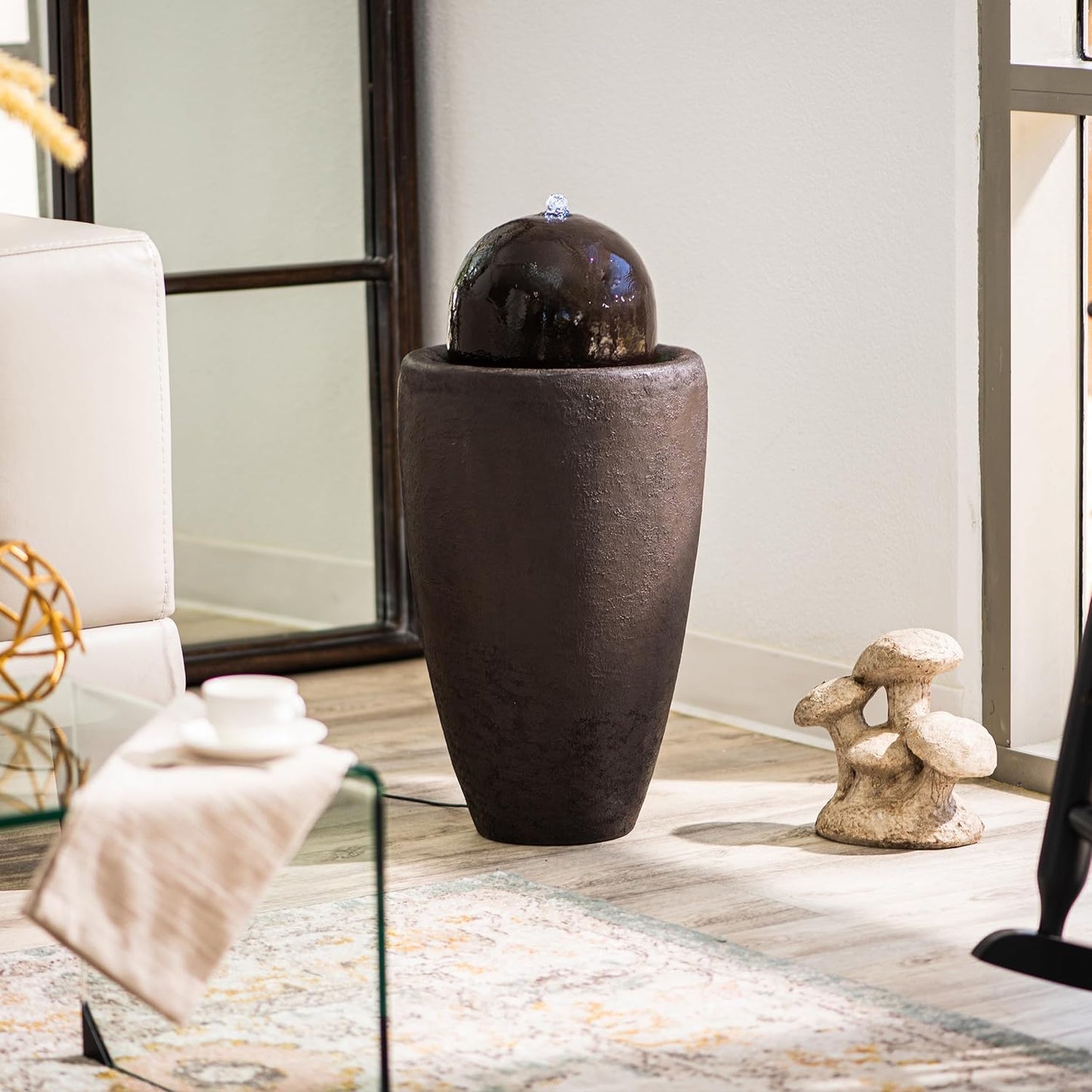 XBrand 25.98" H Round Stone Indoor/Outdoor Modern Stone Textured Sphere Water Fountain with LED Lights, Ball Fountain Decor for Garden, Patio, Outdoor, Brown